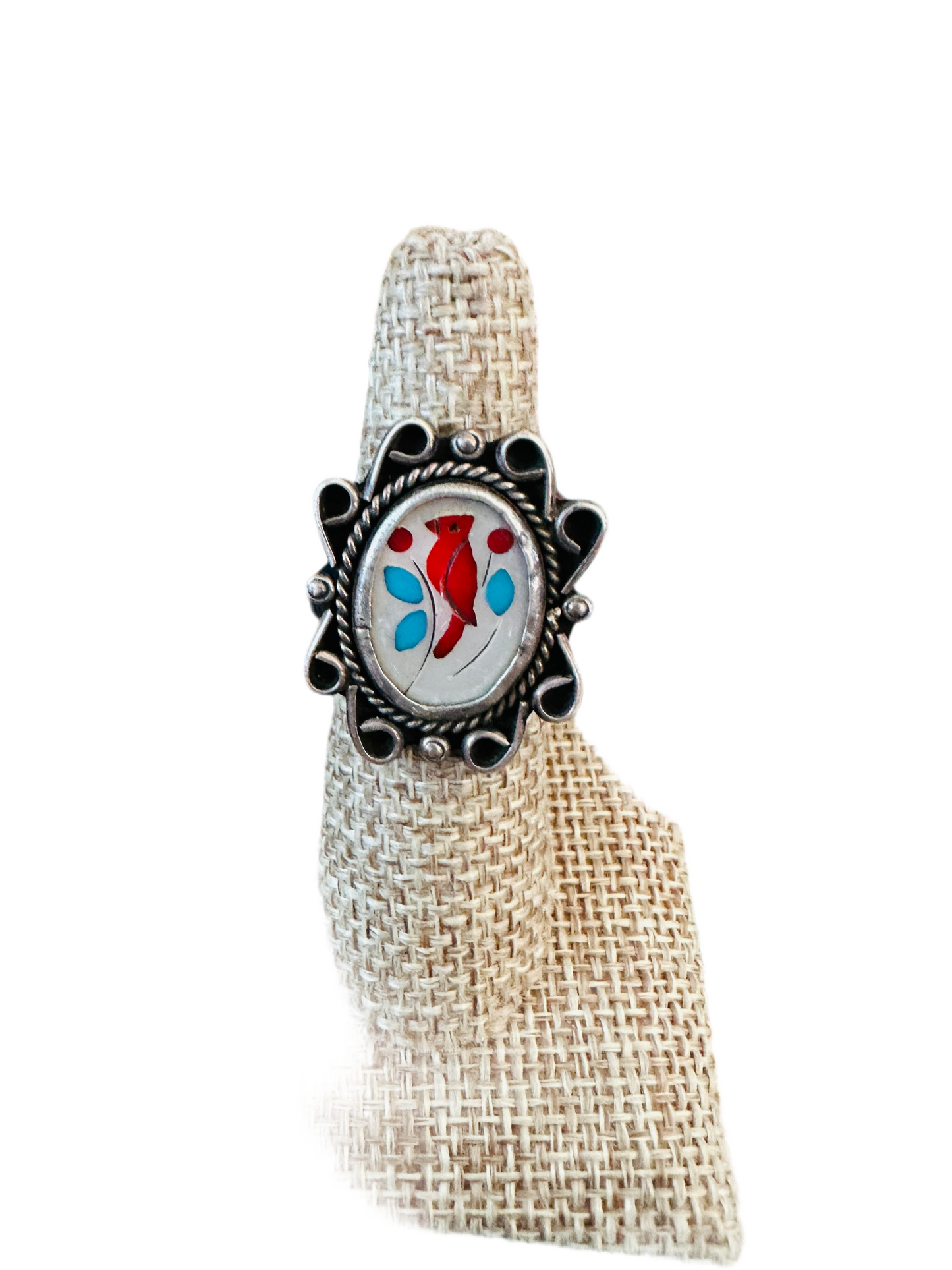 Old Pawn Vintage Zuni Sterling Silver & Multi Stone Inlay Bird Ring Size 5.5