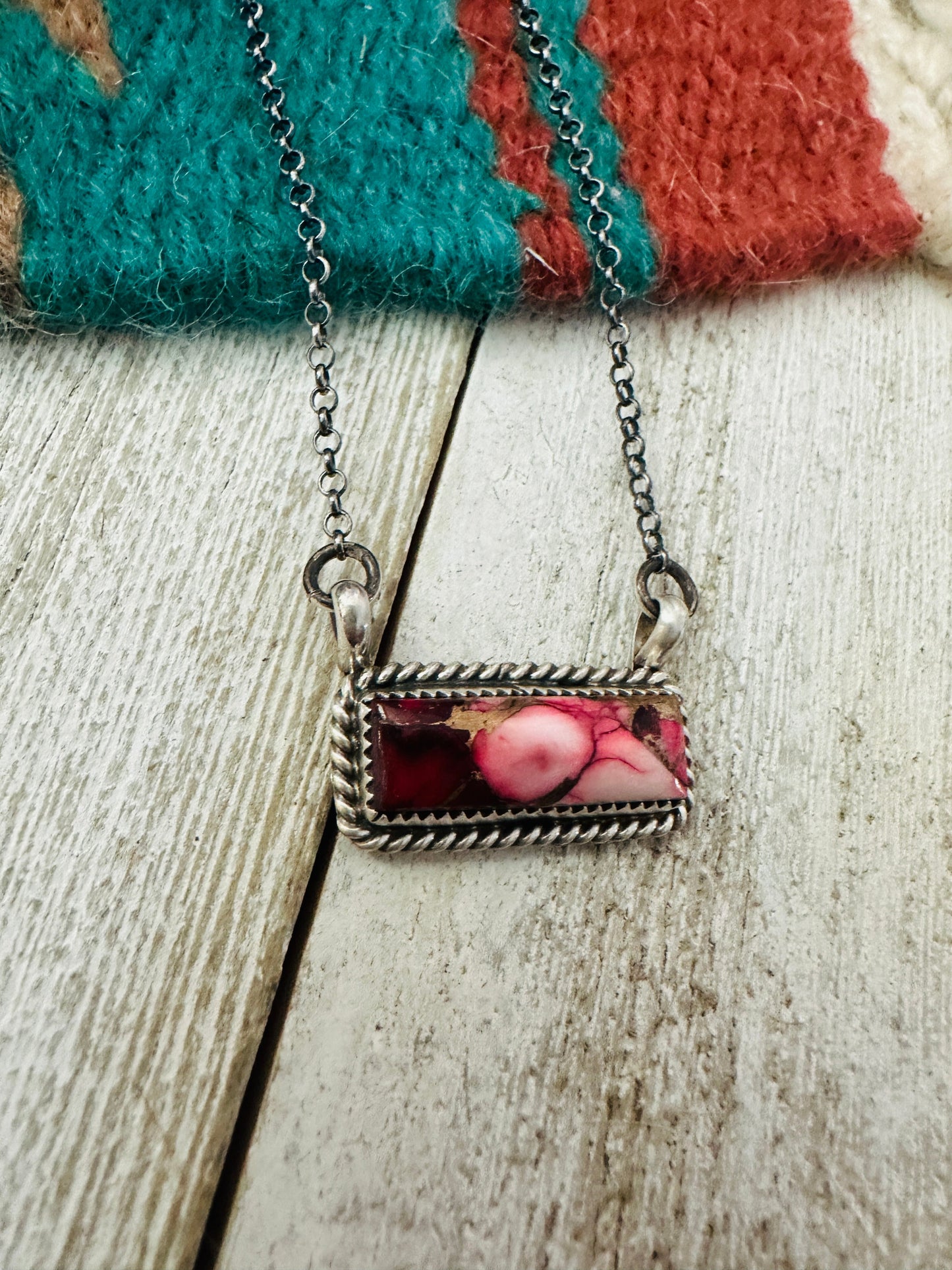 Navajo Rose Dahlia & Sterling Silver Bar Necklace
