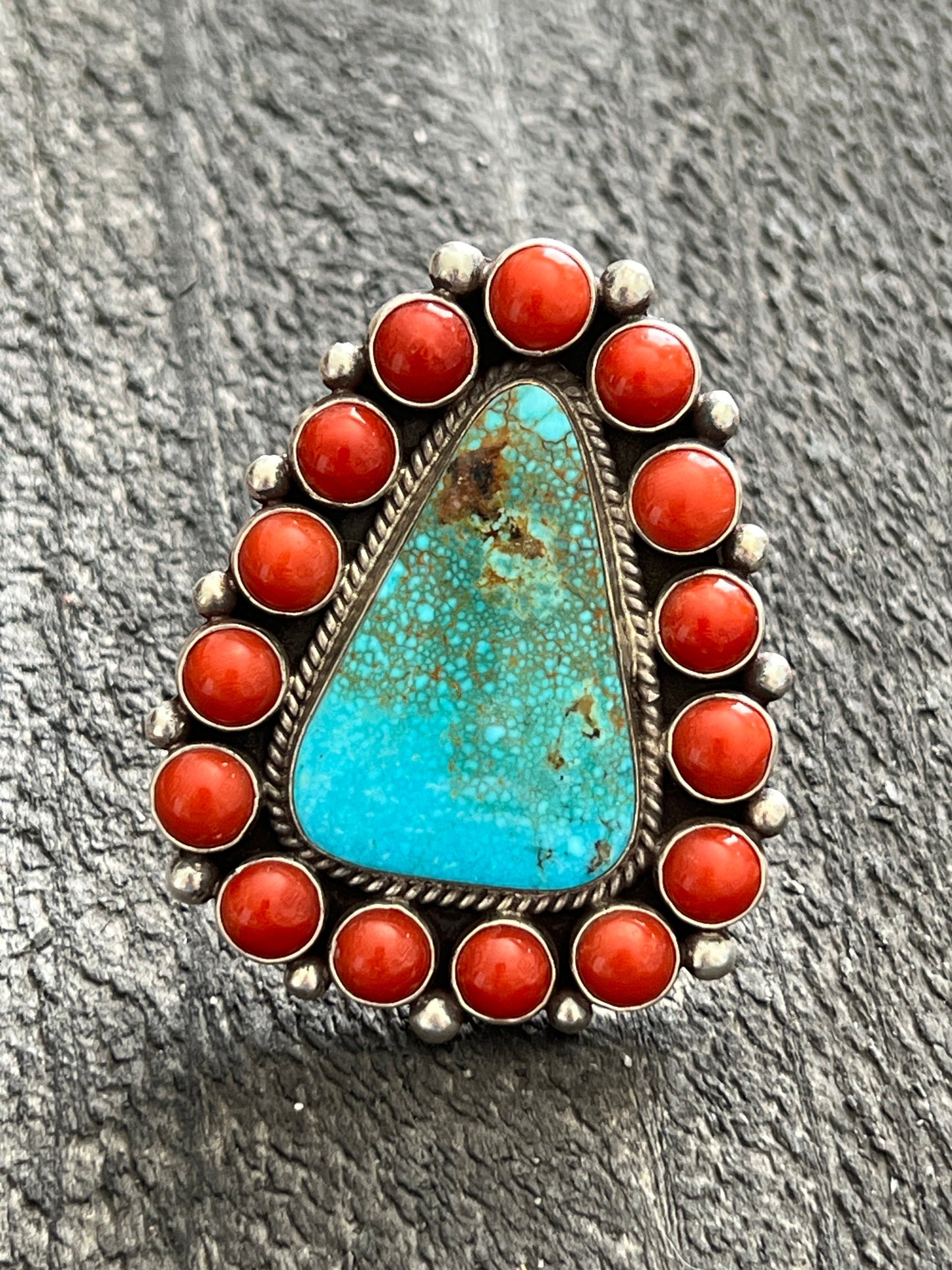 Navajo Sterling Silver, Kingman Turquoise and Mediterranean Coral Cluster Ring By Tyler Brown, Adjustable