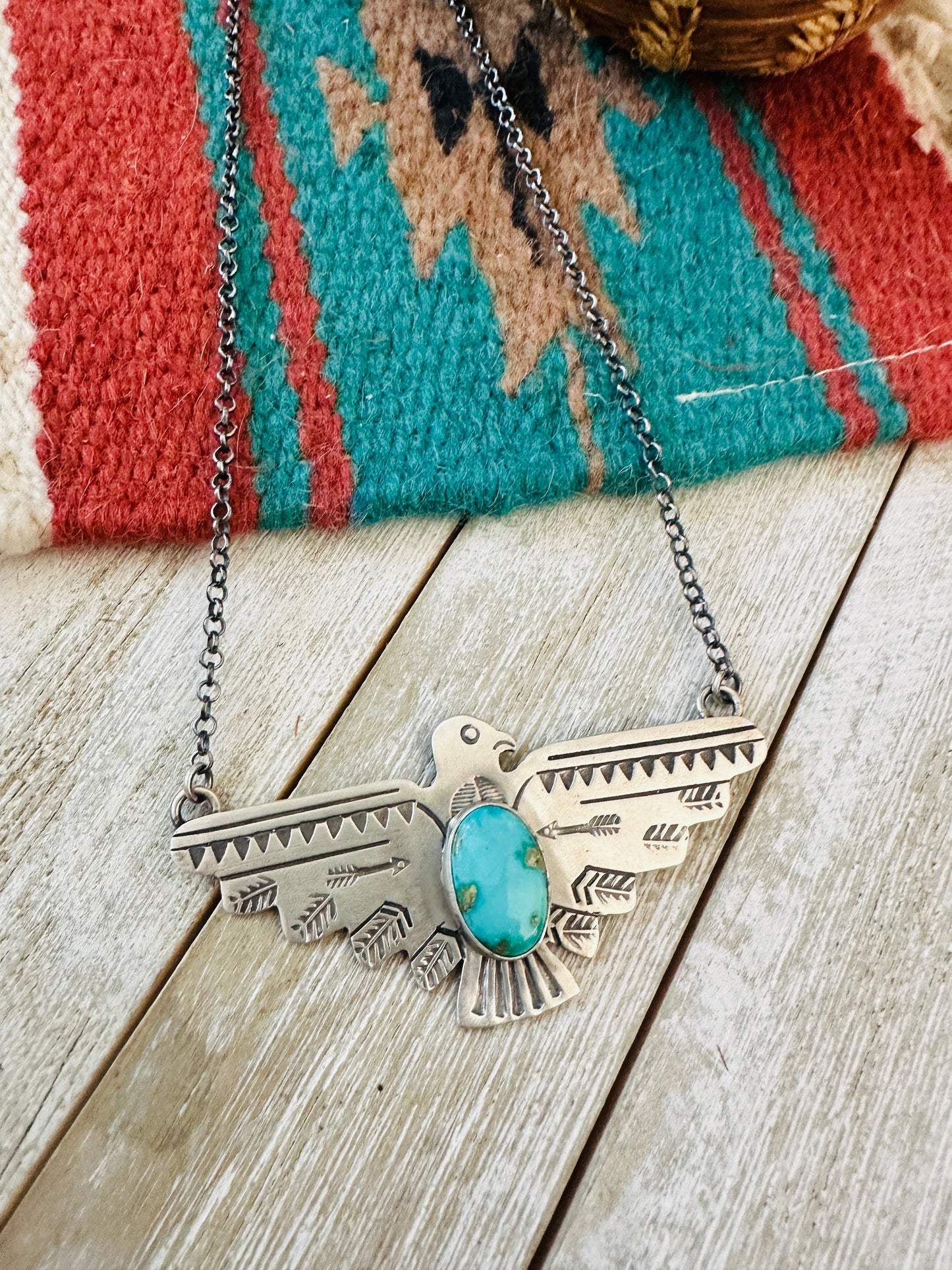 Navajo Turquoise & Sterling Silver Thunderbird Necklace by Russell Sam