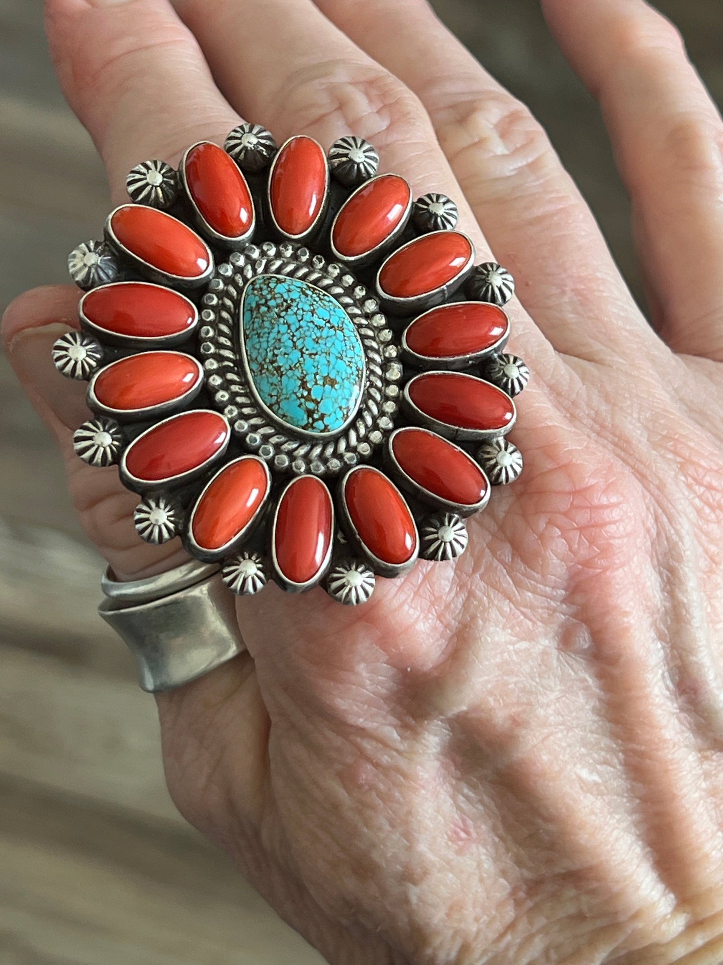 Navajo Sterling Silver, Mediterranean Coral and Spiderweb Kingman Cluster Ring, Adjustable