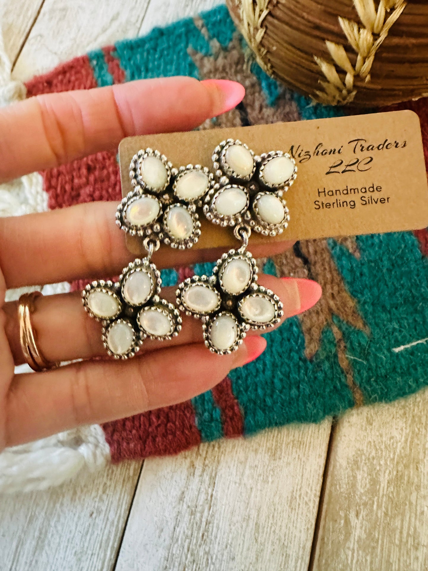 ** Christmas Collection ** Handmade Sterling Silver & Mother of Pearl Dangle Earrings Signed Nizhoni