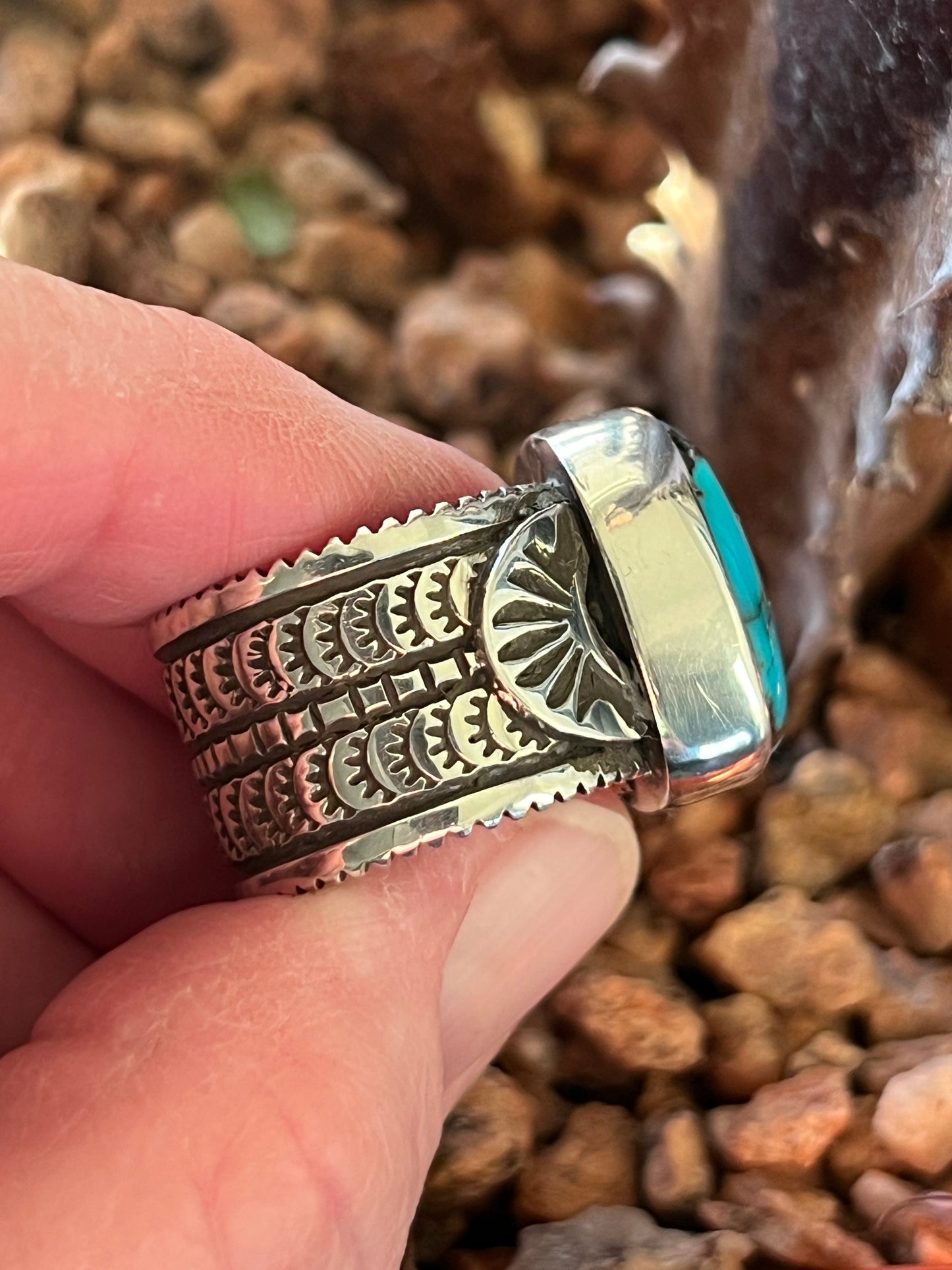Native Made Sterling Silver Wide Shank Ring with Egyptian Turquoise by Shaun Rogers, Size 8.25