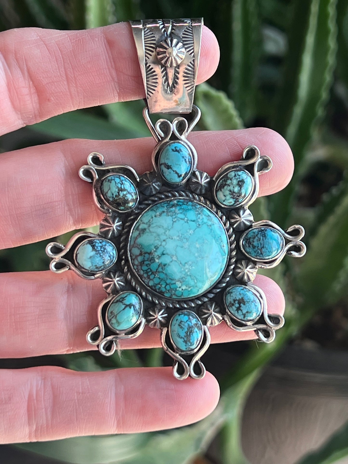 Apache Hubei Turquoise Sunburst Pendant by Rosella Paxson