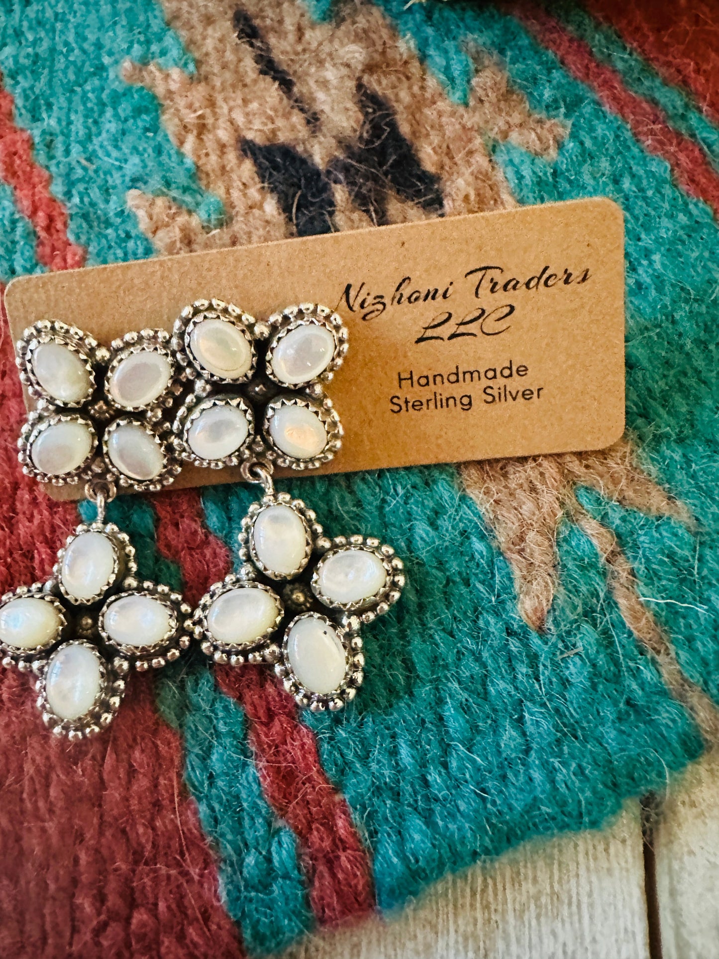 ** Christmas Collection ** Handmade Sterling Silver & Mother of Pearl Dangle Earrings Signed Nizhoni