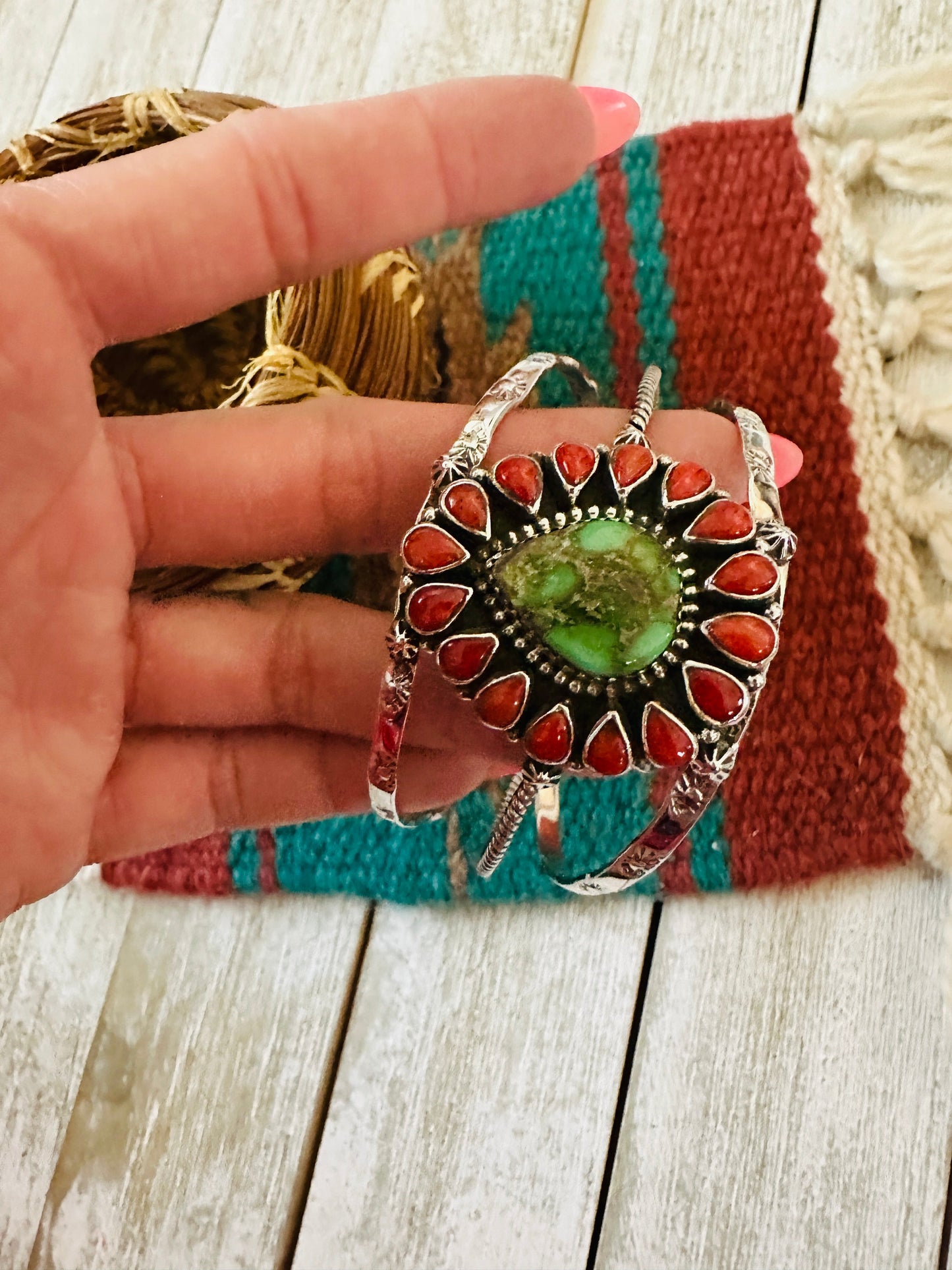 ** Christmas Collection ** Handmade Sterling Silver, Turquoise & Coral Cuff Bracelet Signed Nizhoni