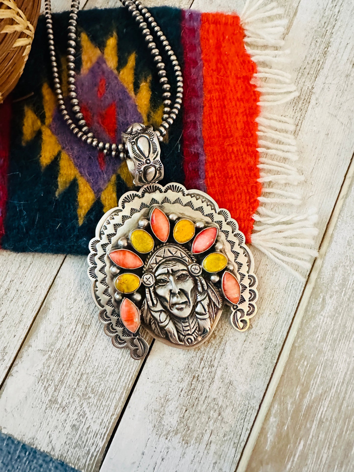 Navajo Spiny, Jasper & Sterling Silver Indian Chief Pendant