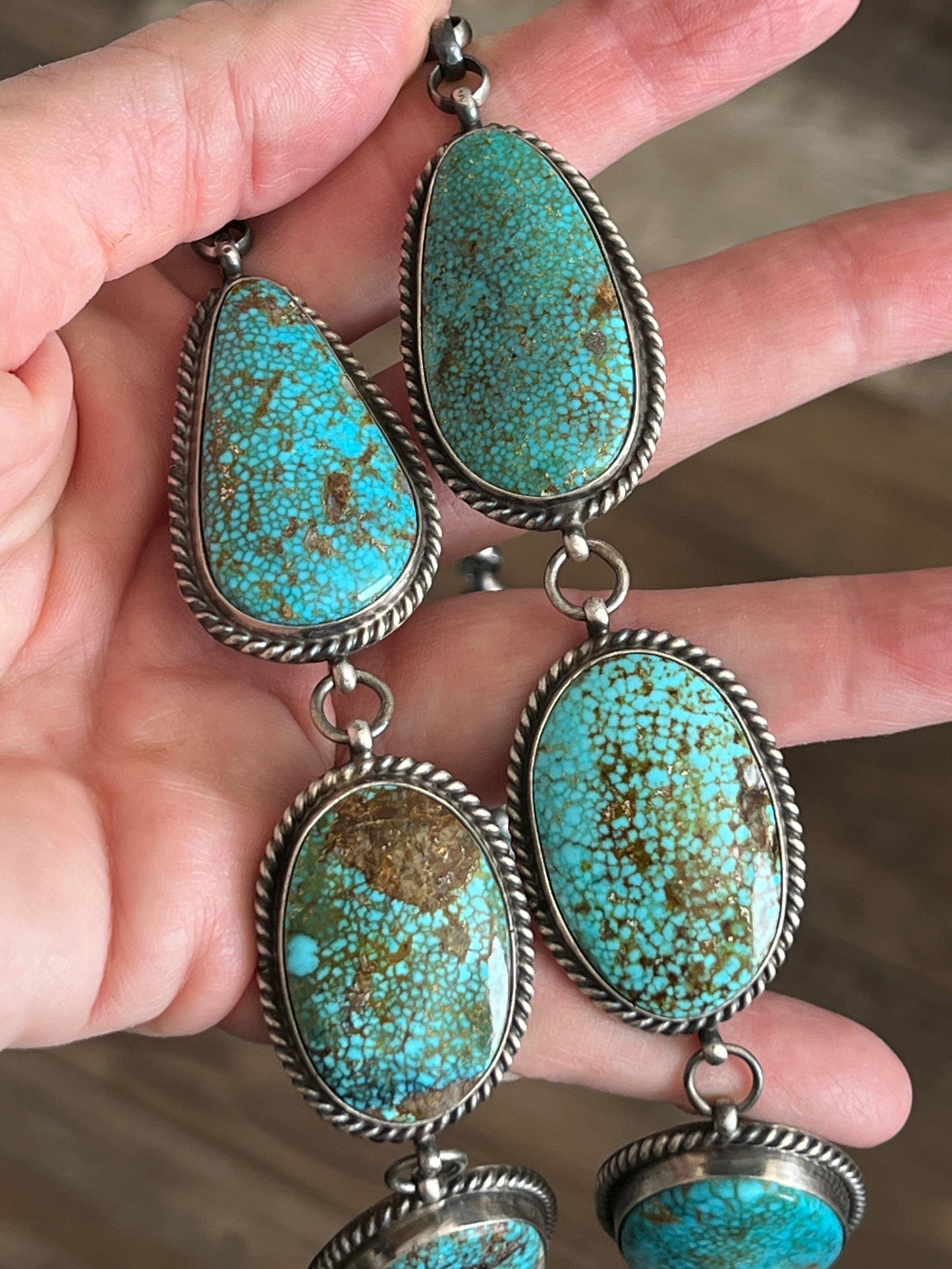 Navajo Sterling Silver and Birdseye Kingman Turquoise Y-Style Lariat Necklace and Earrings Set by Peggy Skeets