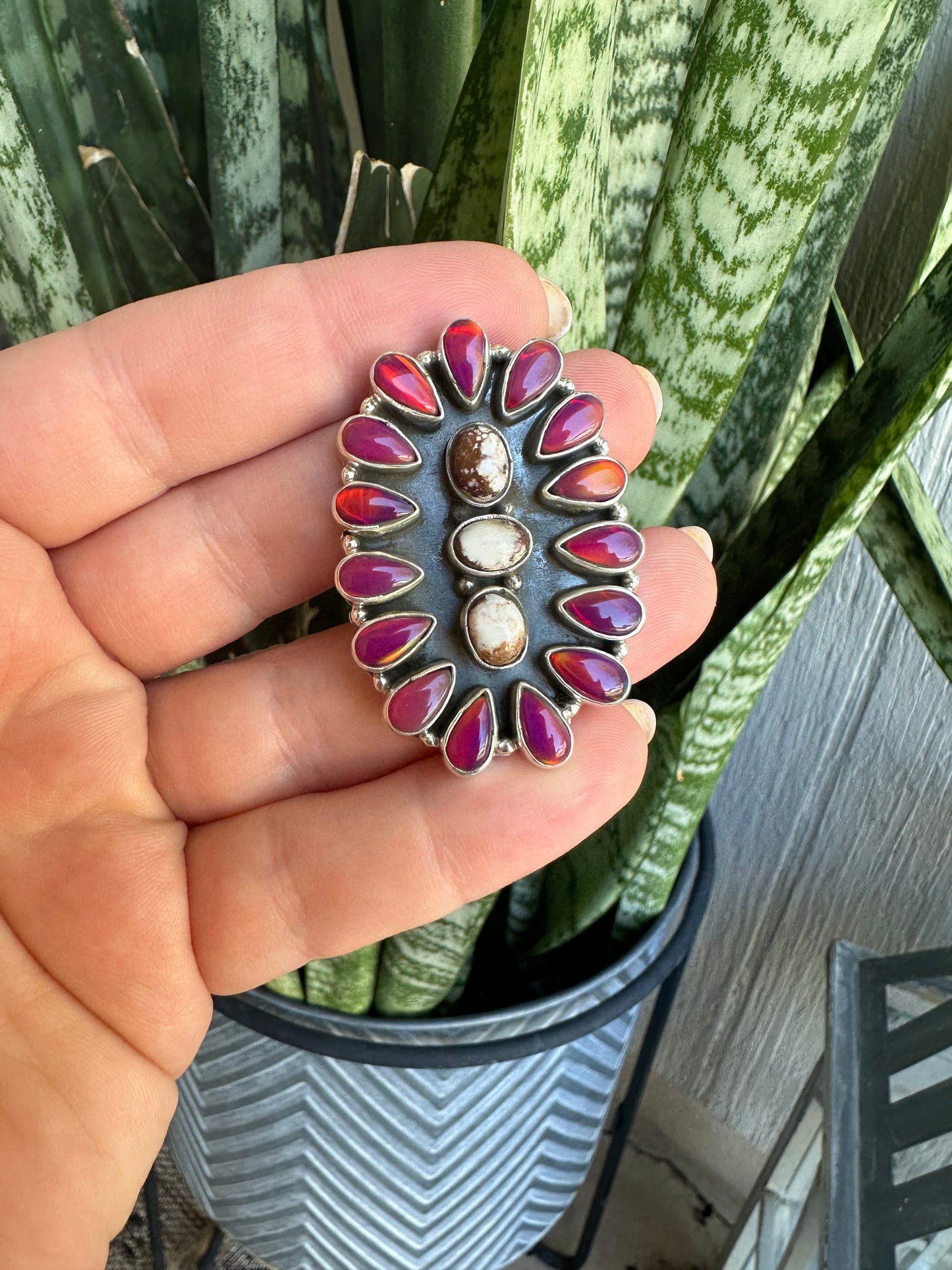 Beautiful Handmade Wild Horse, Opal And Sterling Silver Adjustable Cluster Ring