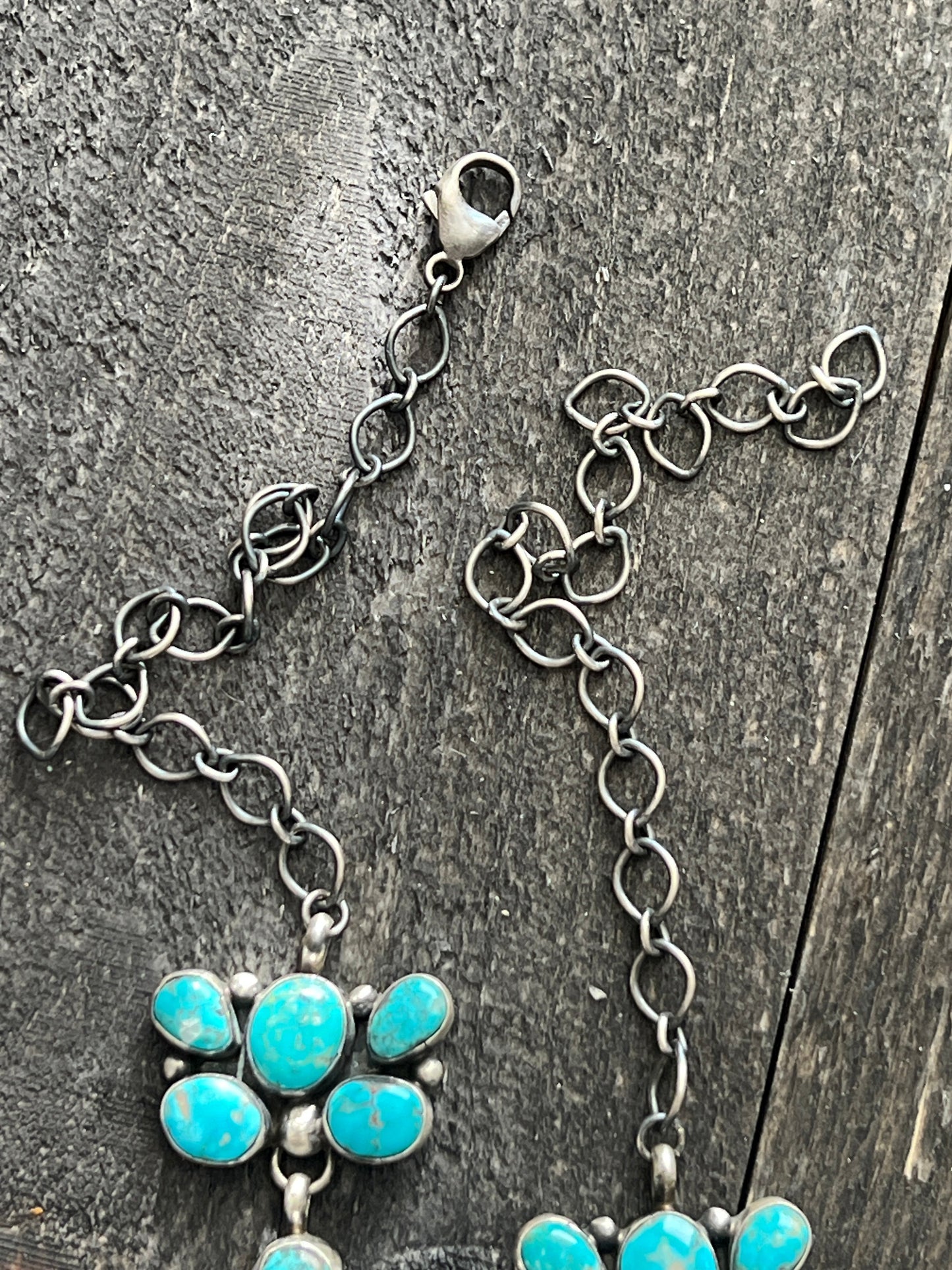 Navajo Sterling Silver and Whitewater Campitos Turquoise Cluster Necklace and Earring Set by Sheila Becenti