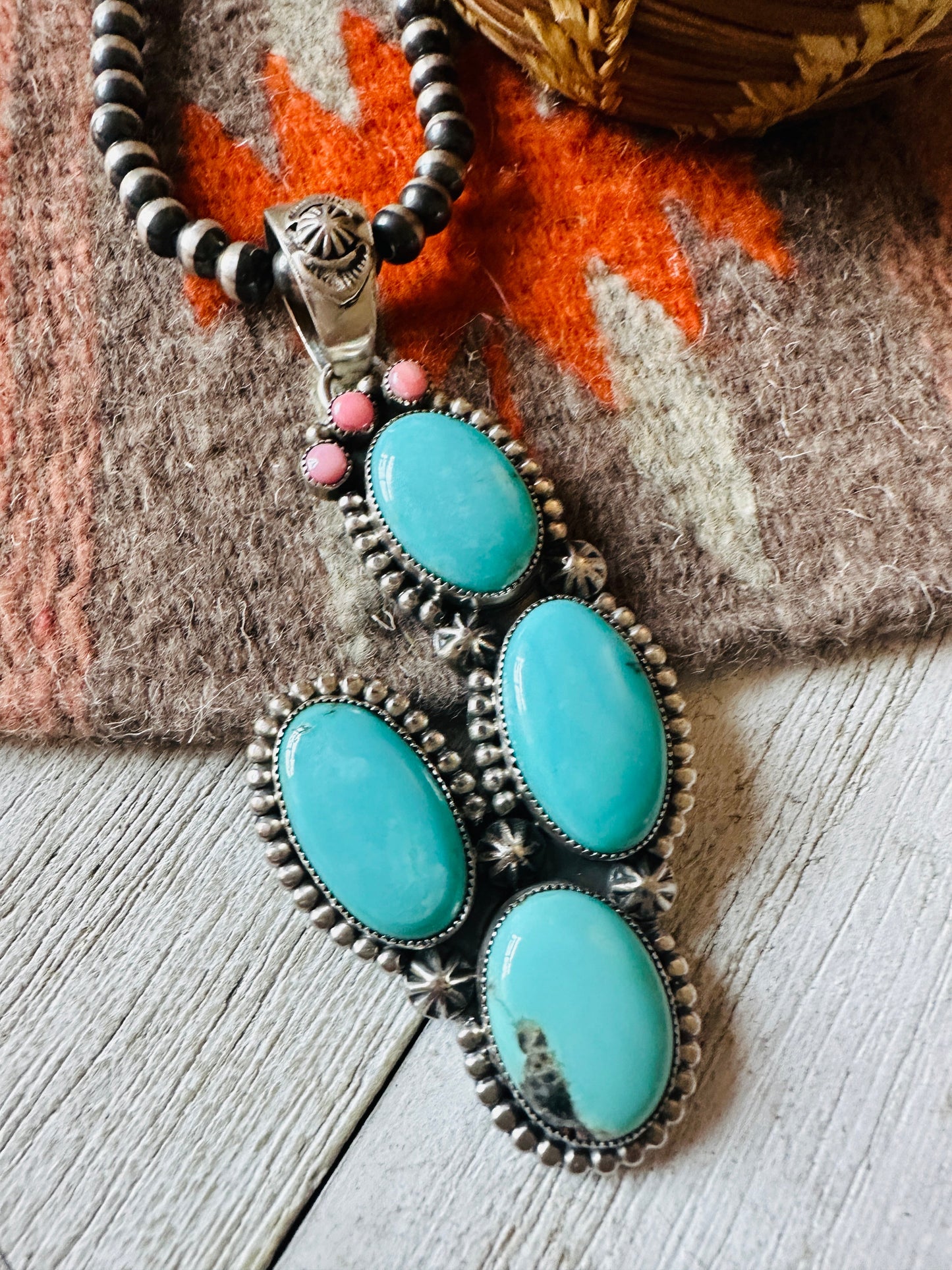 Navajo Turquoise, Queen Pink Conch and Sterling Silver Cactus Pendant