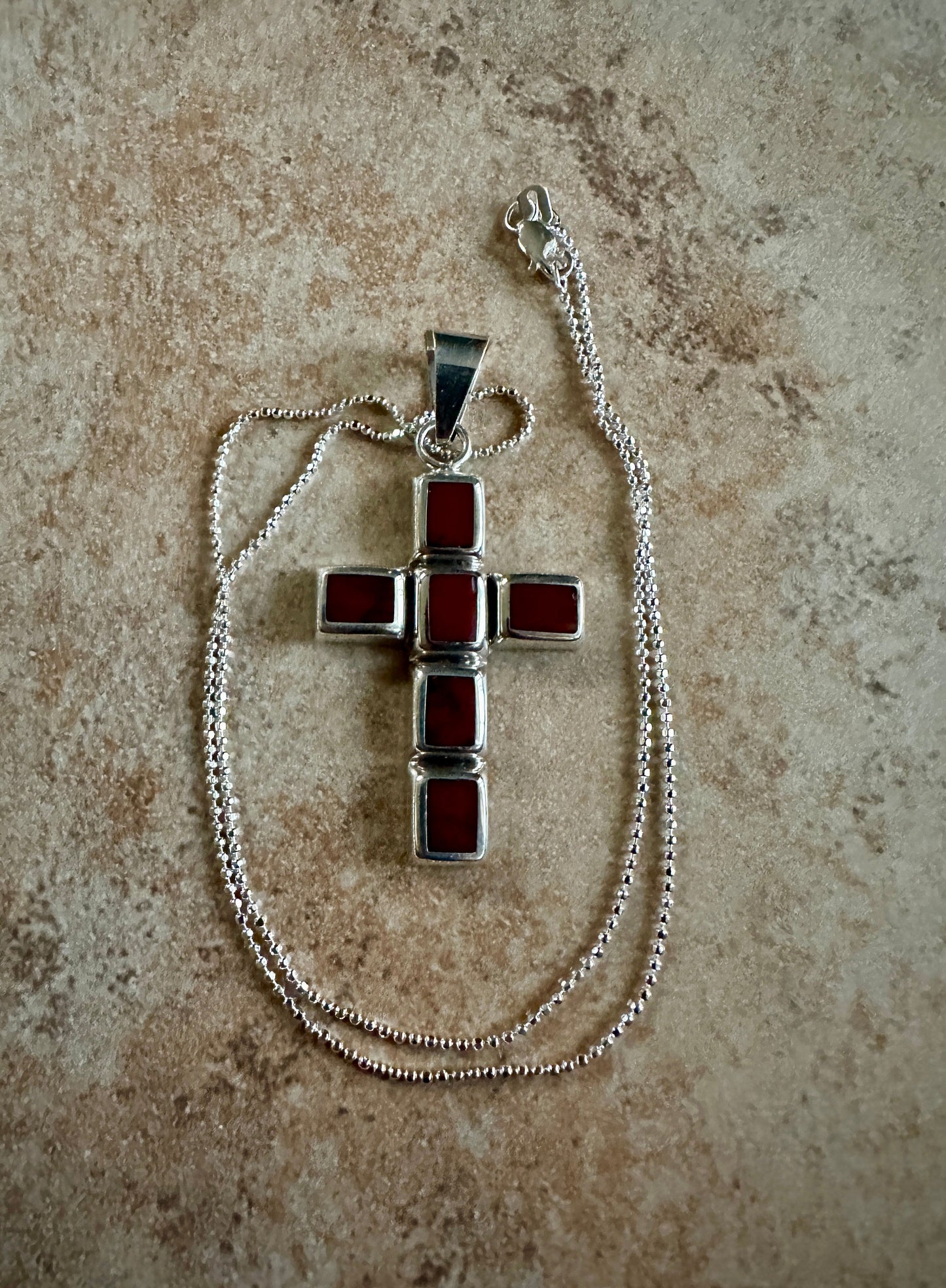 Red Jasper Mosaic Cross Pendant Necklace