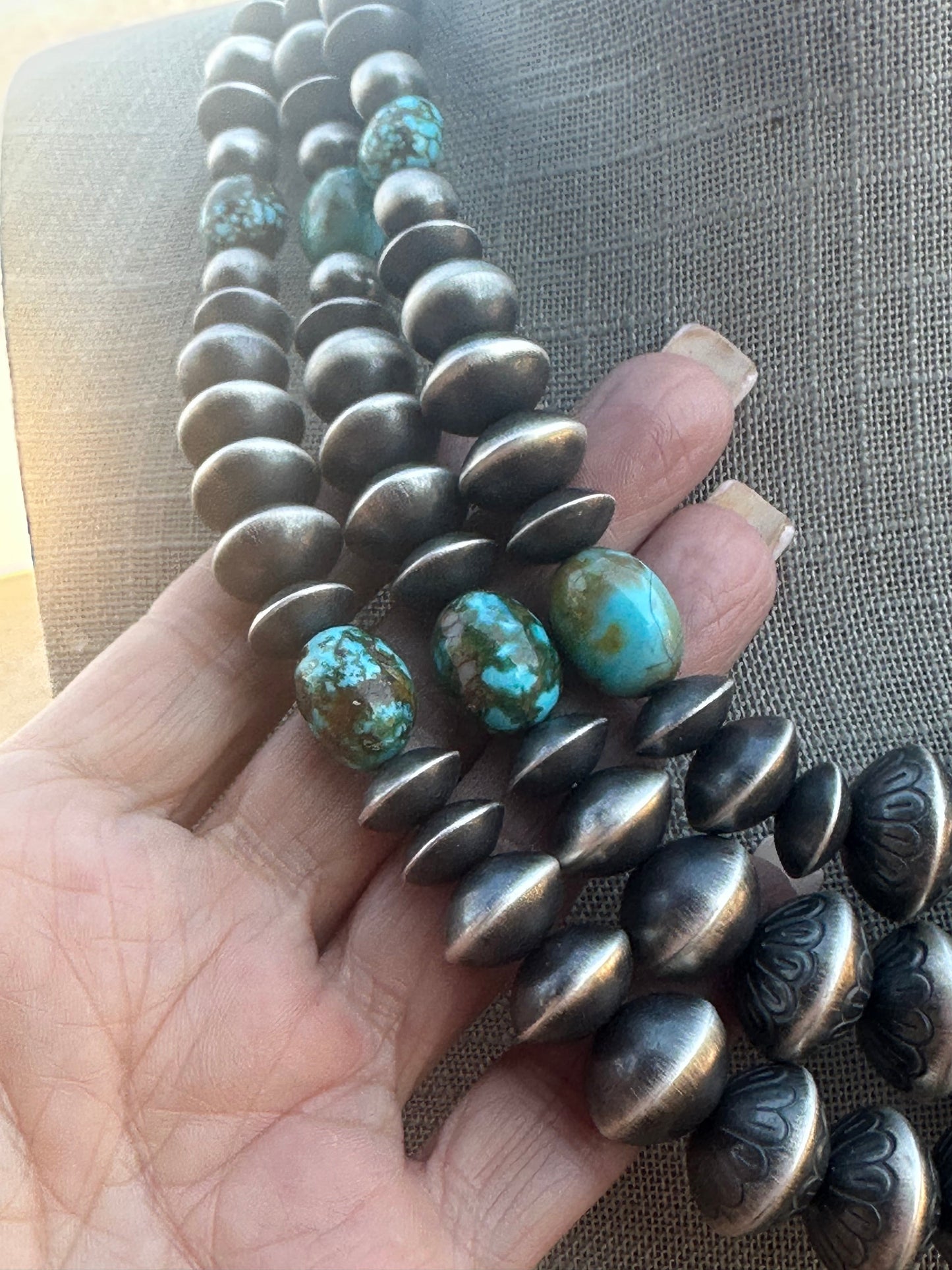 Rose Martin Sterling Silver & Kingman Turquoise Three Strand Navajo Necklace