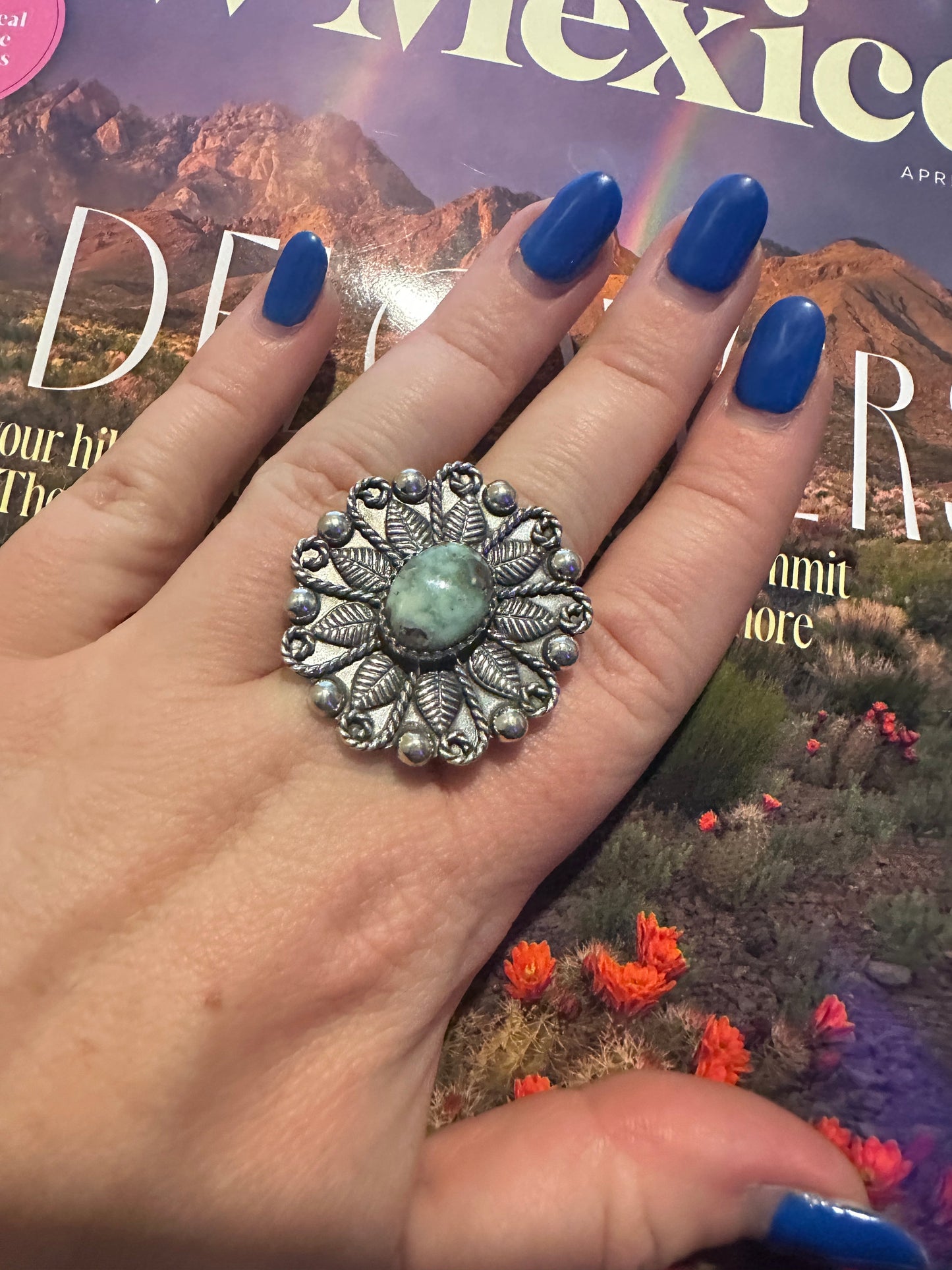 Handmade Sterling Silver Palomino Turquoise Adjustable FLOWER Ring Signed Nizhoni
