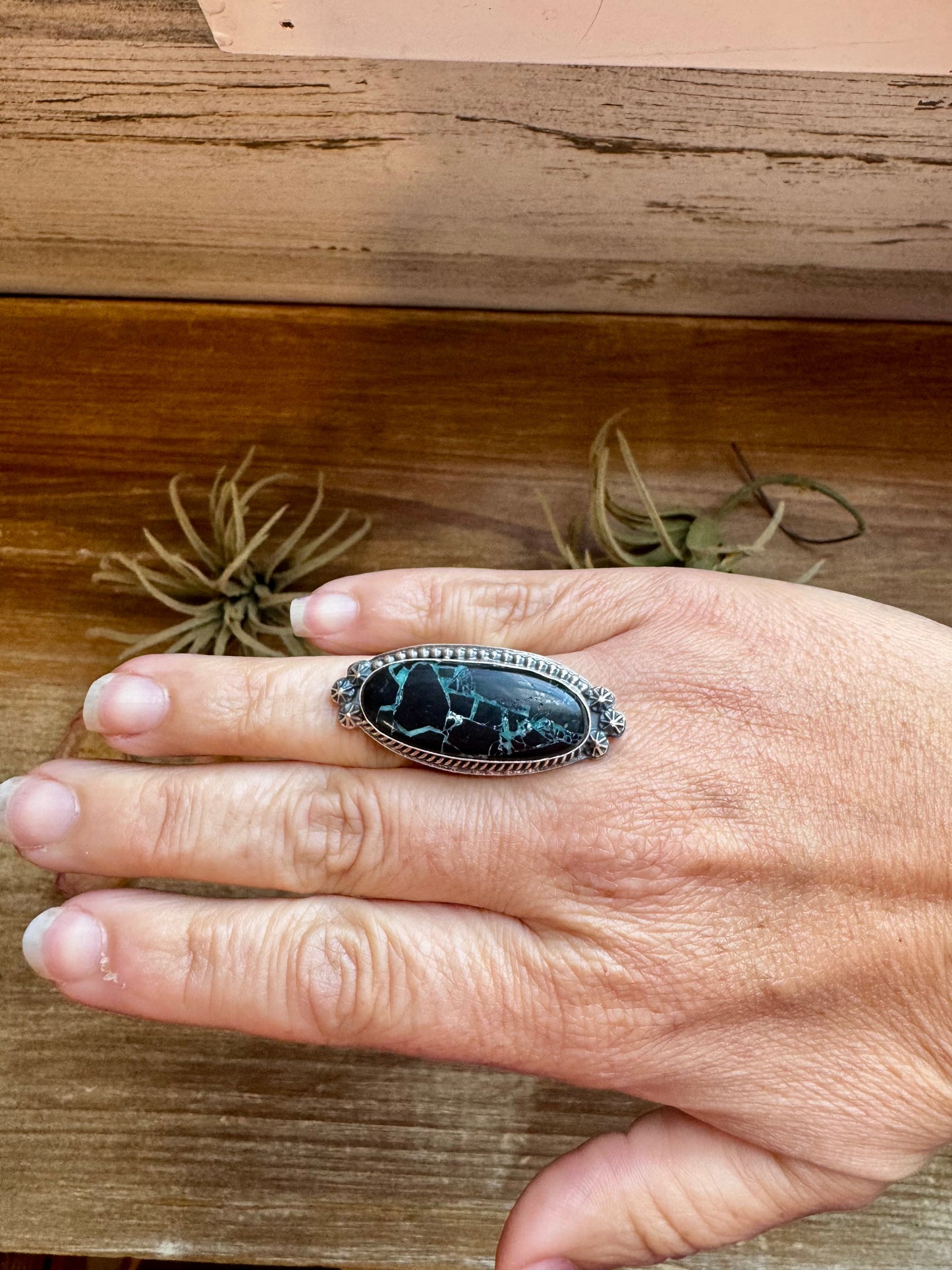 Sterling Silver & Black Buffalo Adjustable Ring – USA Made, One of a Kind
