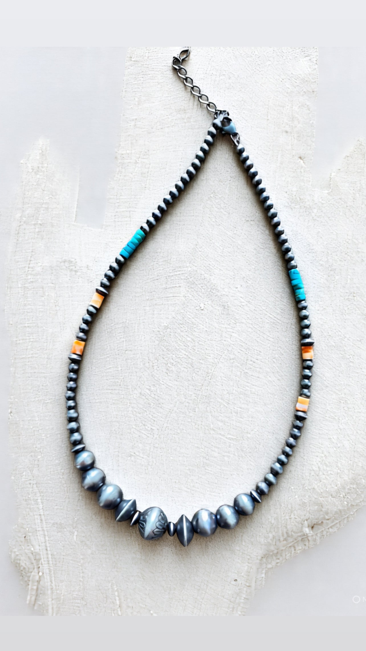 Summer Lovin’ Navajo Beaded Layering Necklace with Sterling Silver, Spiny Oyster Shell and Turquoise, 16” + 2”, The Flower Child