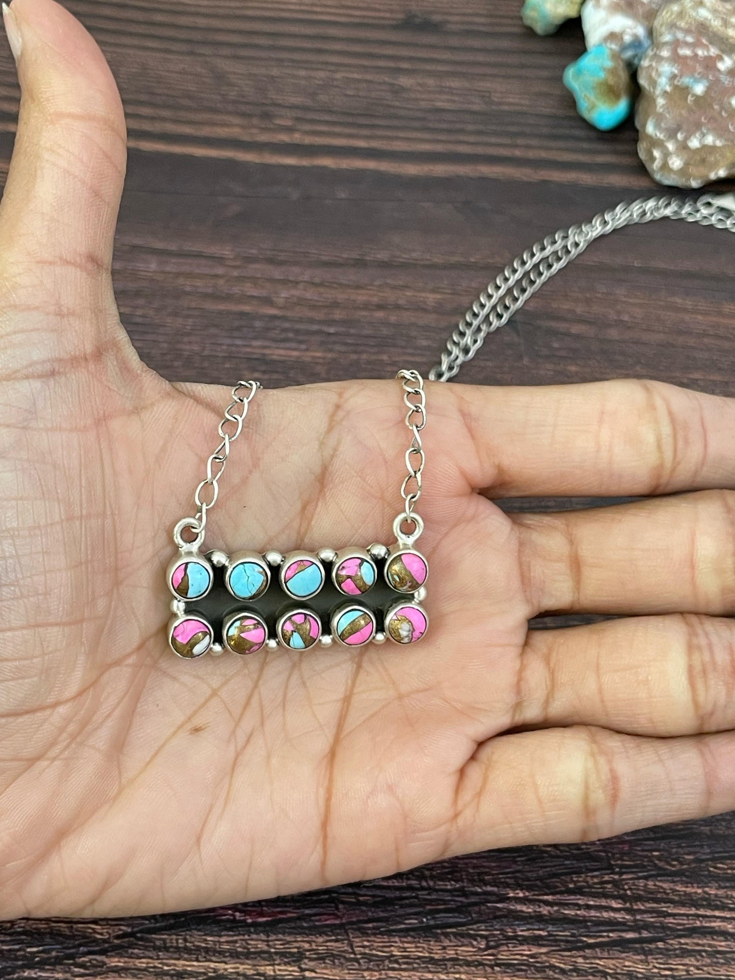 Handmade Sterling Silver Cotton Candy, Purple Mojave, Kingman, Black Onyx, Wild Horse Turquoise Necklace, Signed Nizhoni