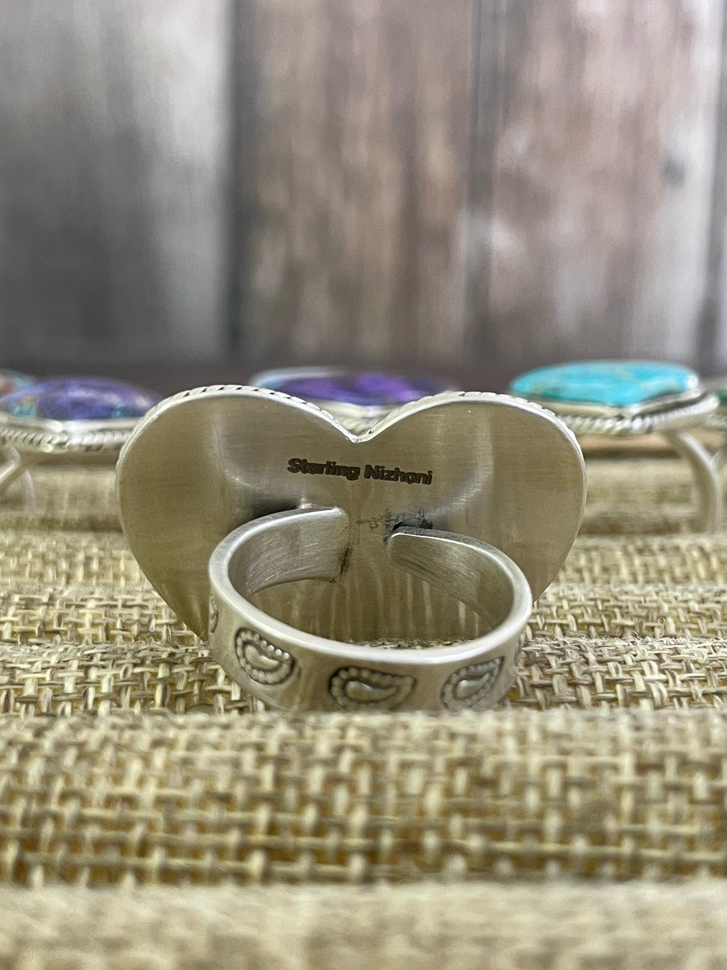 Handmade Sterling Silver Matrix Royston, Purple Copper Turquoise, Kingman Turquoise, Dahlia Rose Violet and Orange Moajve Ring, Signed Nizhoni
