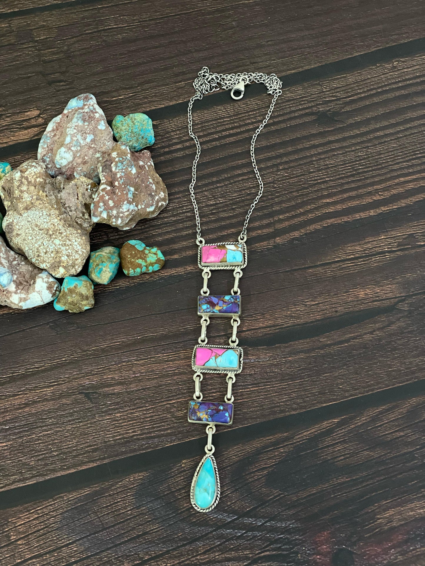 Handmade Sterling Silver Cotton Candy, Kingman and Purple Copper Turquoise Necklace, Signed Nizhoni