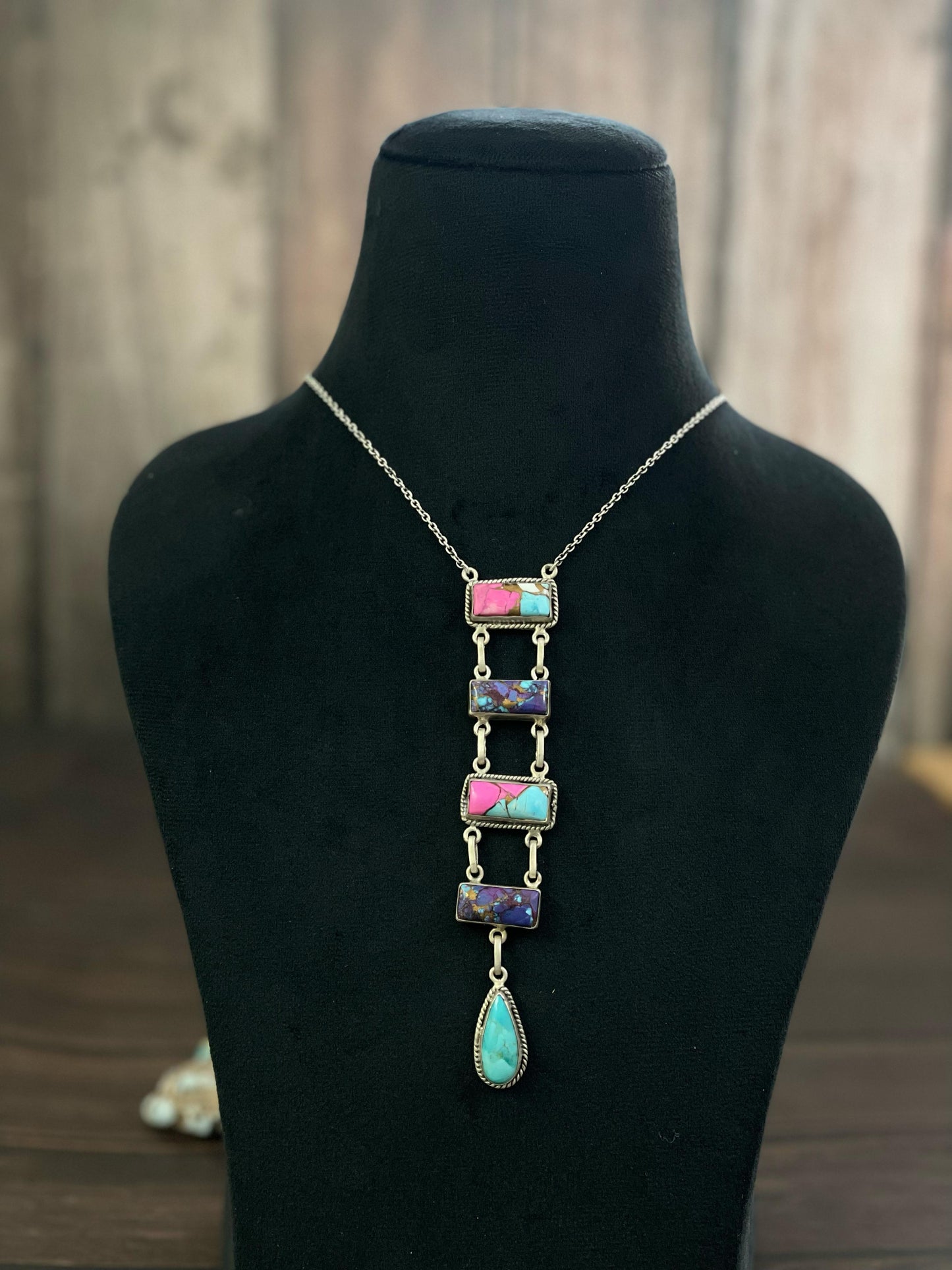 Handmade Sterling Silver Cotton Candy, Kingman and Purple Copper Turquoise Necklace, Signed Nizhoni