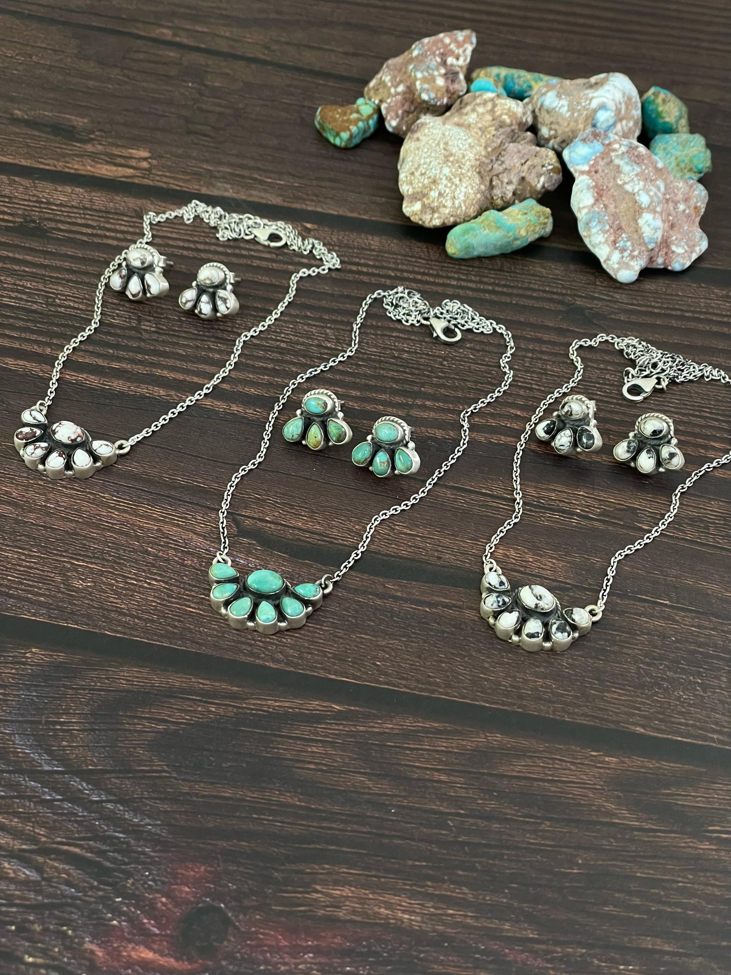 Handmade Sterling Silver Kingman Turquoise, White Buffalo, Wild Horse Necklace Earring Set, Signed Nizhoni