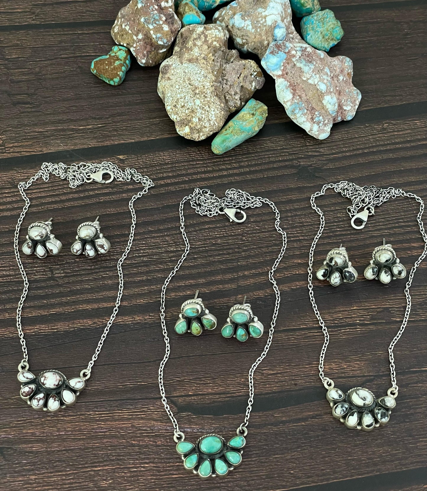 Handmade Sterling Silver Kingman Turquoise, White Buffalo, Wild Horse Necklace Earring Set, Signed Nizhoni