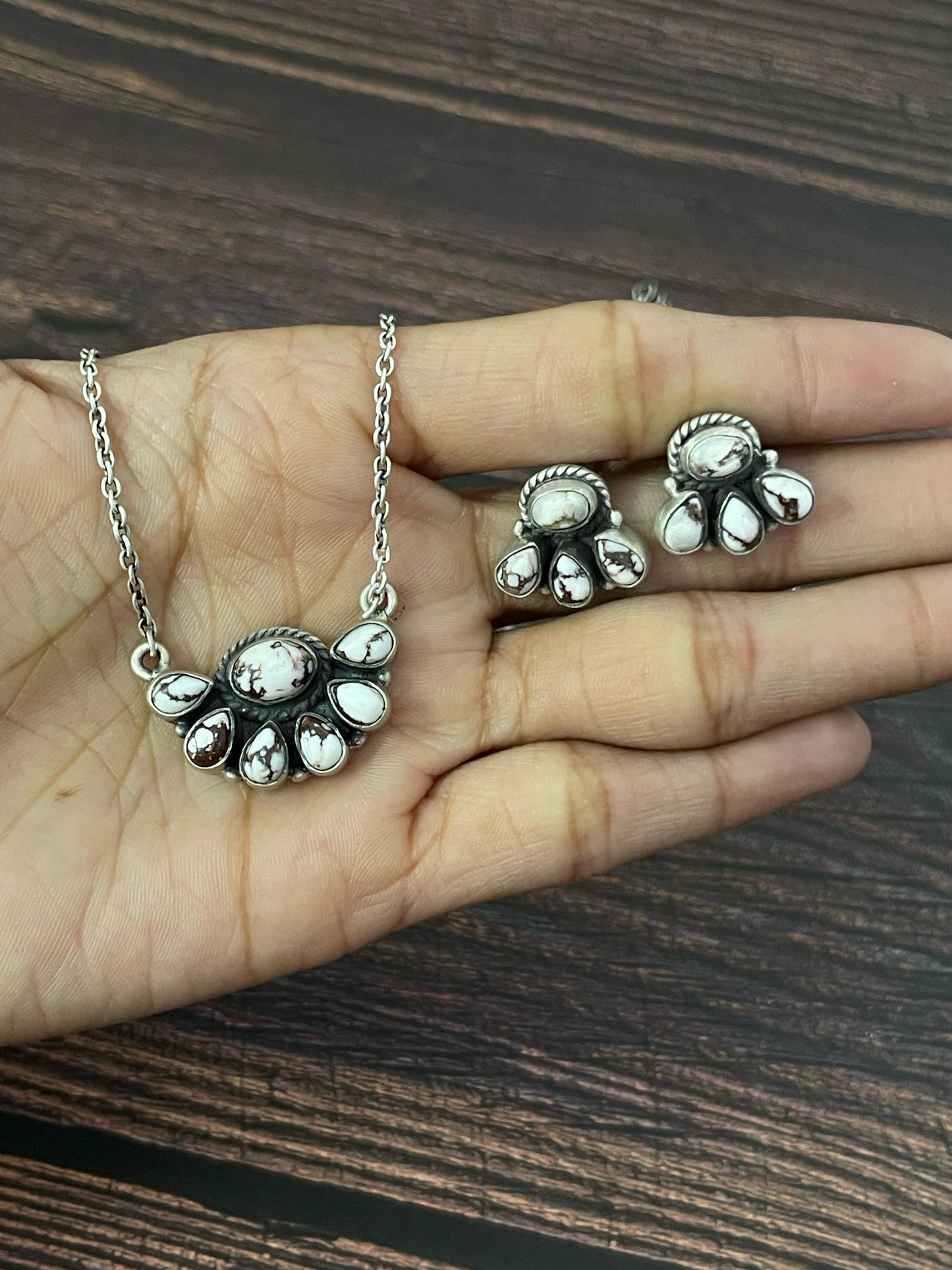 Handmade Sterling Silver Kingman Turquoise, White Buffalo, Wild Horse Necklace Earring Set, Signed Nizhoni