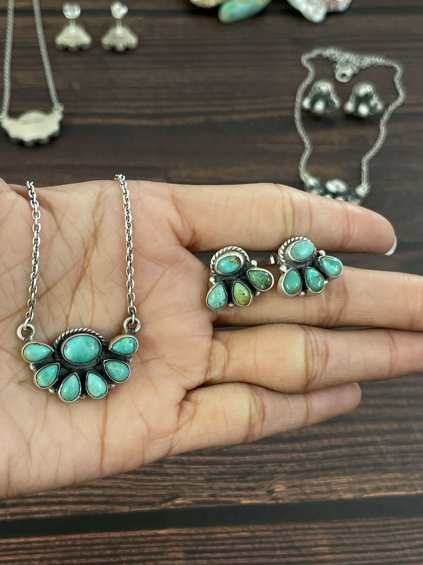 Handmade Sterling Silver Kingman Turquoise, White Buffalo, Wild Horse Necklace Earring Set, Signed Nizhoni