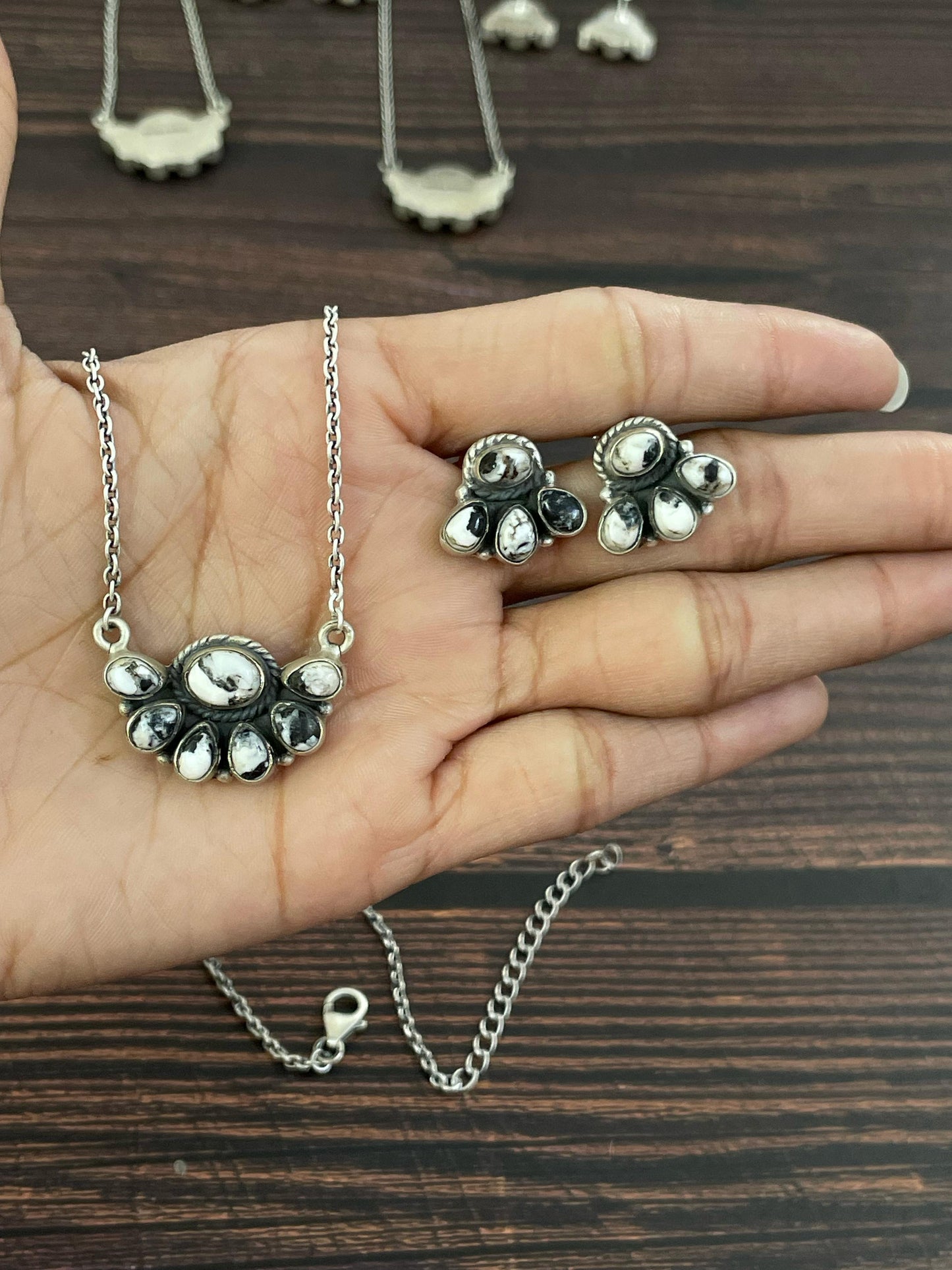 Handmade Sterling Silver Kingman Turquoise, White Buffalo, Wild Horse Necklace Earring Set, Signed Nizhoni