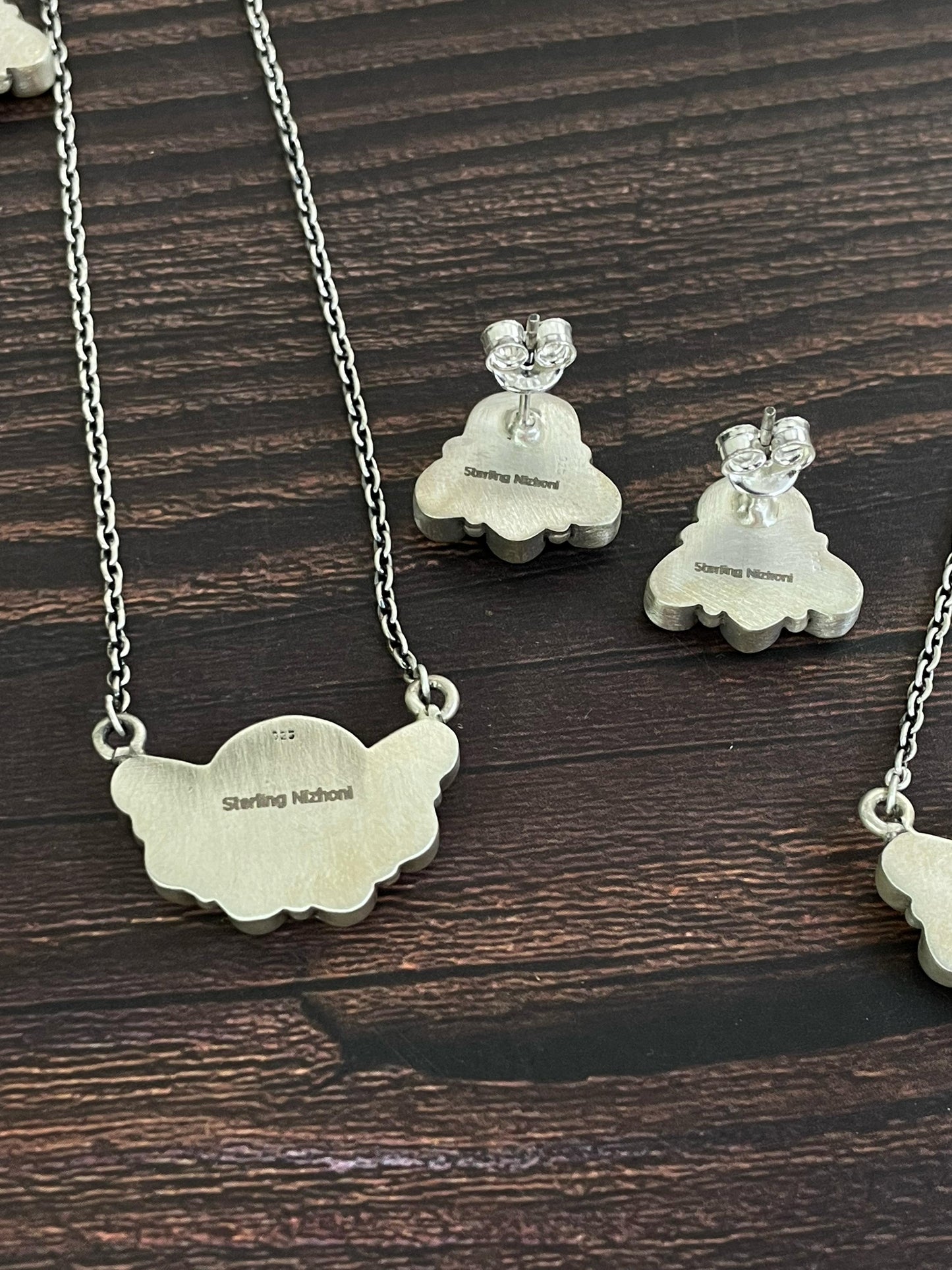 Handmade Sterling Silver Kingman Turquoise, White Buffalo, Wild Horse Necklace Earring Set, Signed Nizhoni