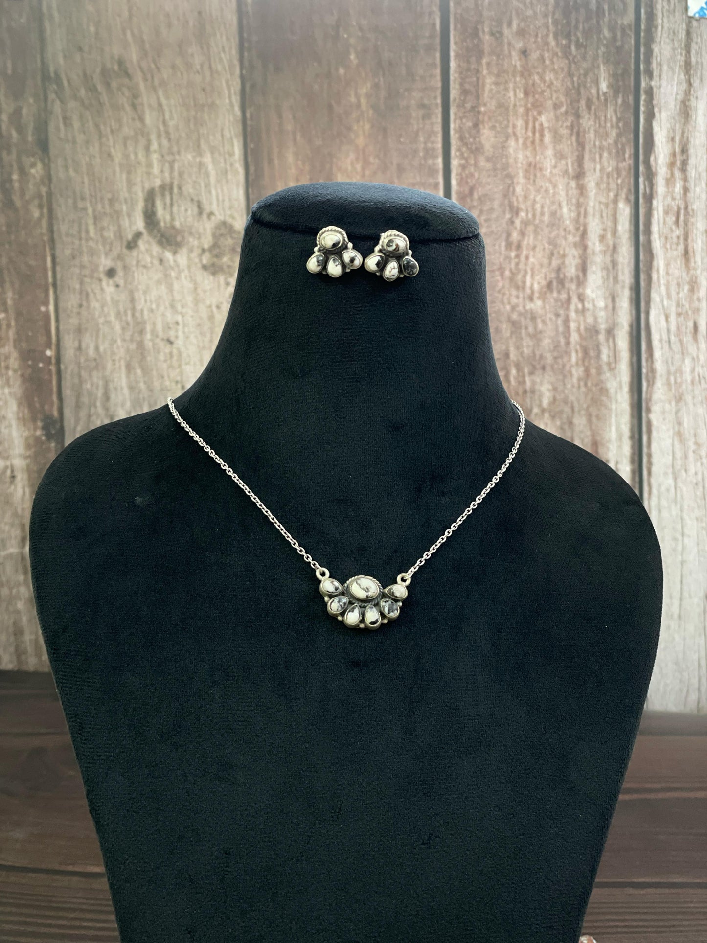 Handmade Sterling Silver Kingman Turquoise, White Buffalo, Wild Horse Necklace Earring Set, Signed Nizhoni