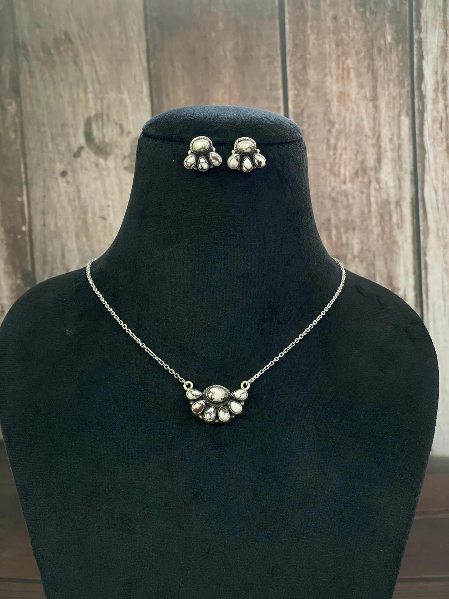 Handmade Sterling Silver Kingman Turquoise, White Buffalo, Wild Horse Necklace Earring Set, Signed Nizhoni