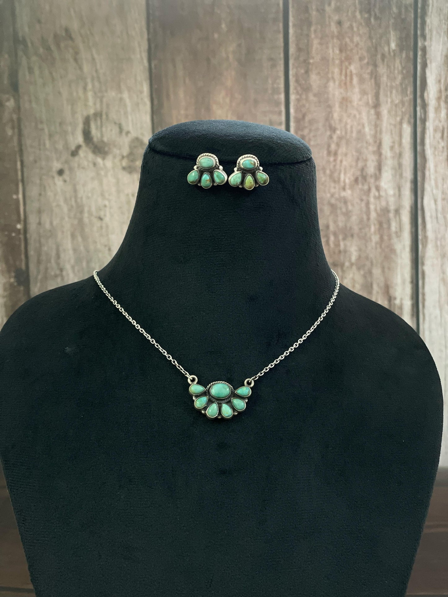 Handmade Sterling Silver Kingman Turquoise, White Buffalo, Wild Horse Necklace Earring Set, Signed Nizhoni