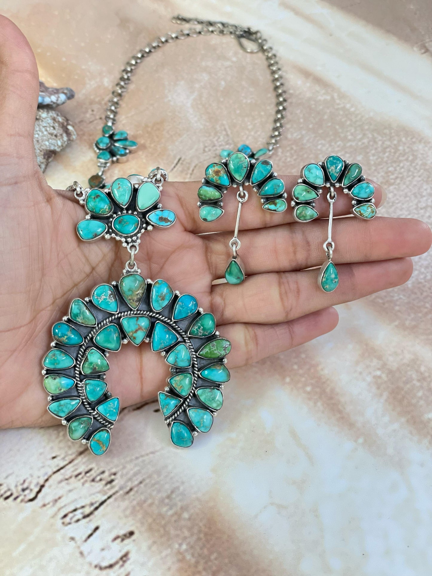 Handmade Sterling Silver Emerald Valley Turquoise Necklace Post Earring Set, Signed Nizhoni