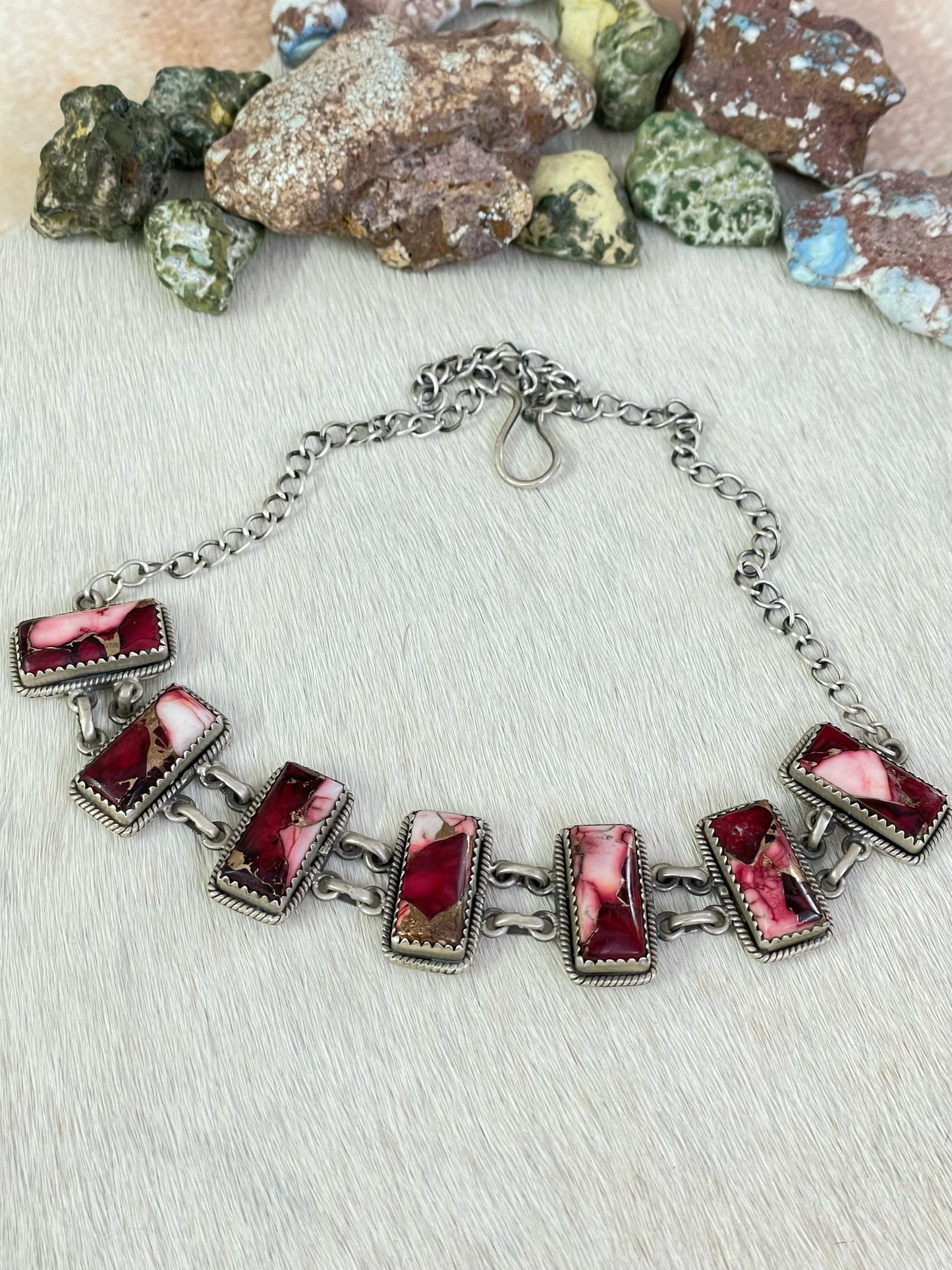 Handmade Sterling Silver Red Rose Dahlia Necklace, Signed Nizhoni