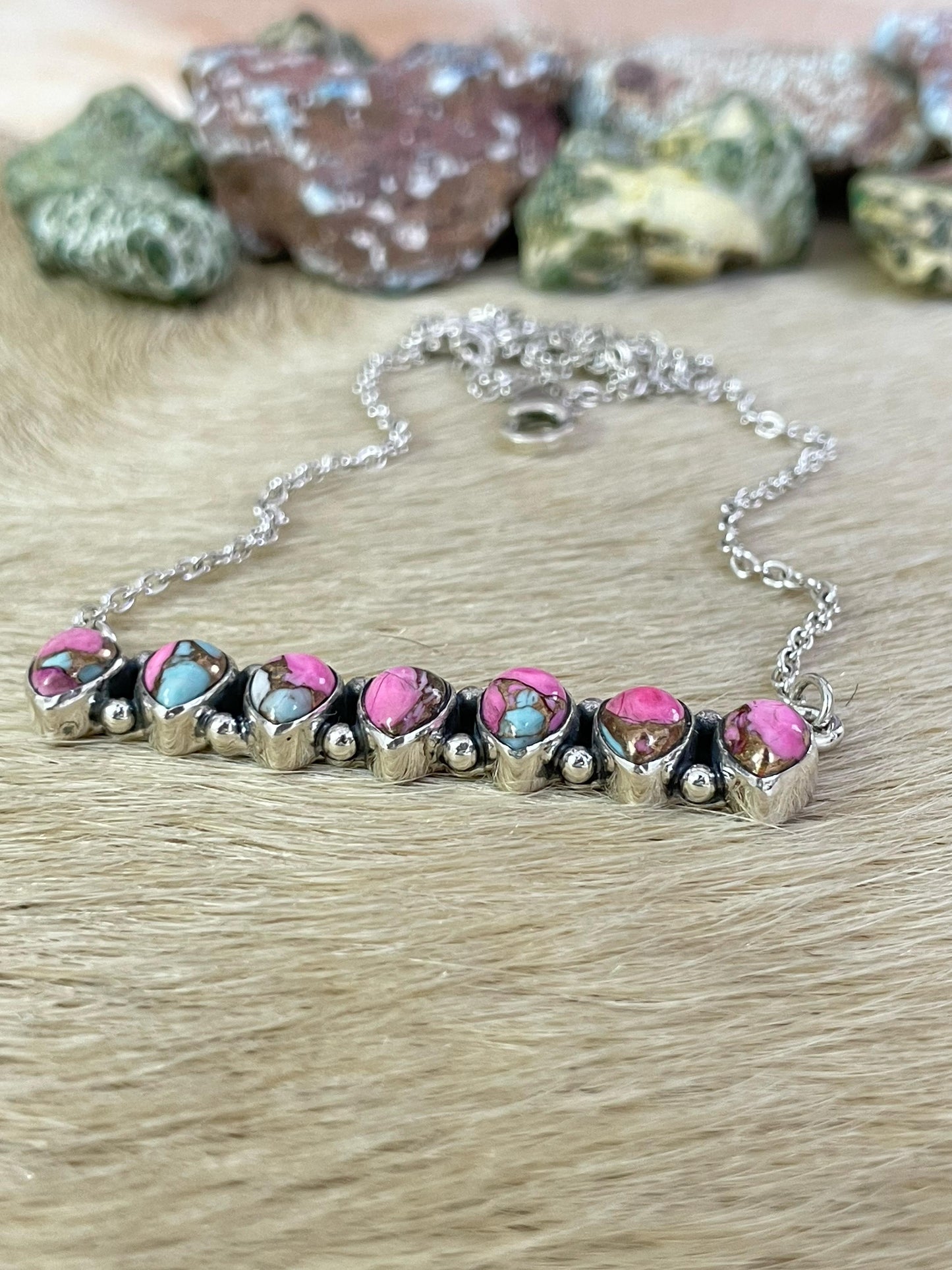 Handmade Sterling Silver Cotton Candy Turquoise Necklace, Signed Nizhoni