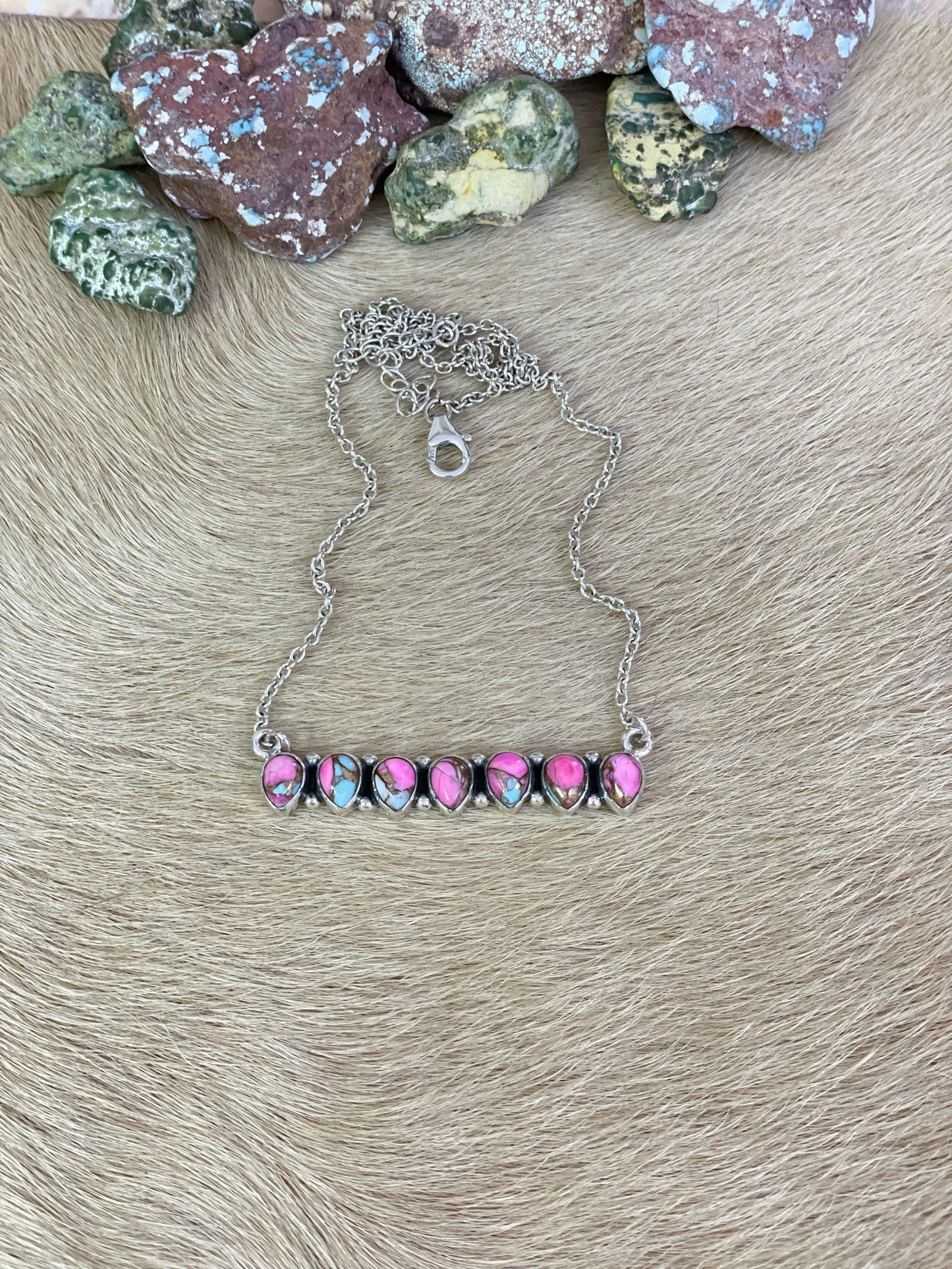 Handmade Sterling Silver Cotton Candy Turquoise Necklace, Signed Nizhoni