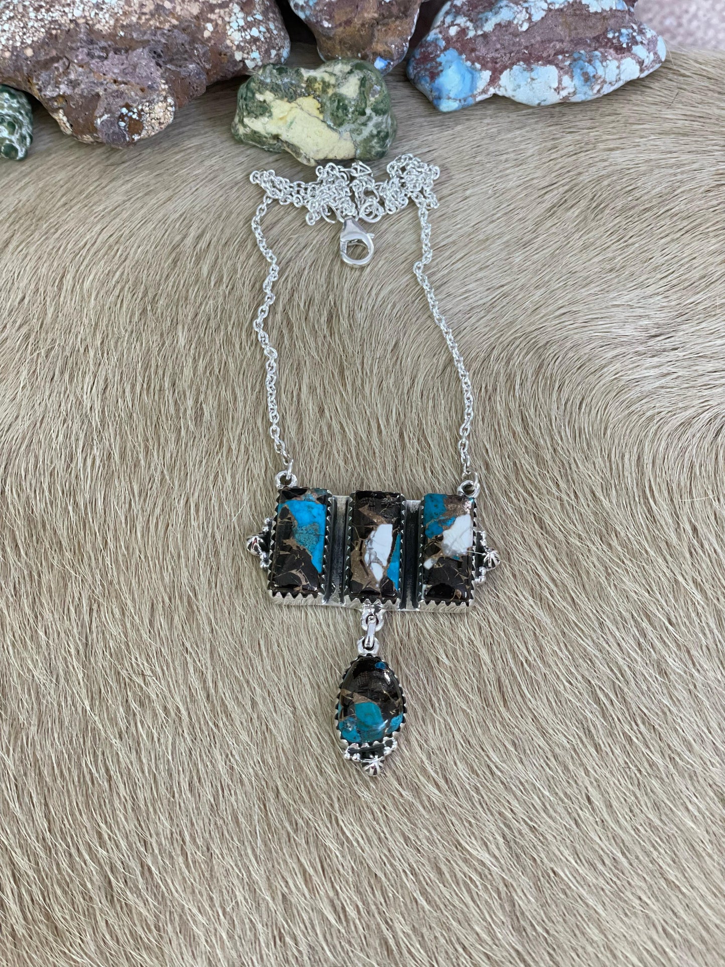 Handmade Sterling Silver White Buffalo and Turquoise Necklace, Signed Nizhoni