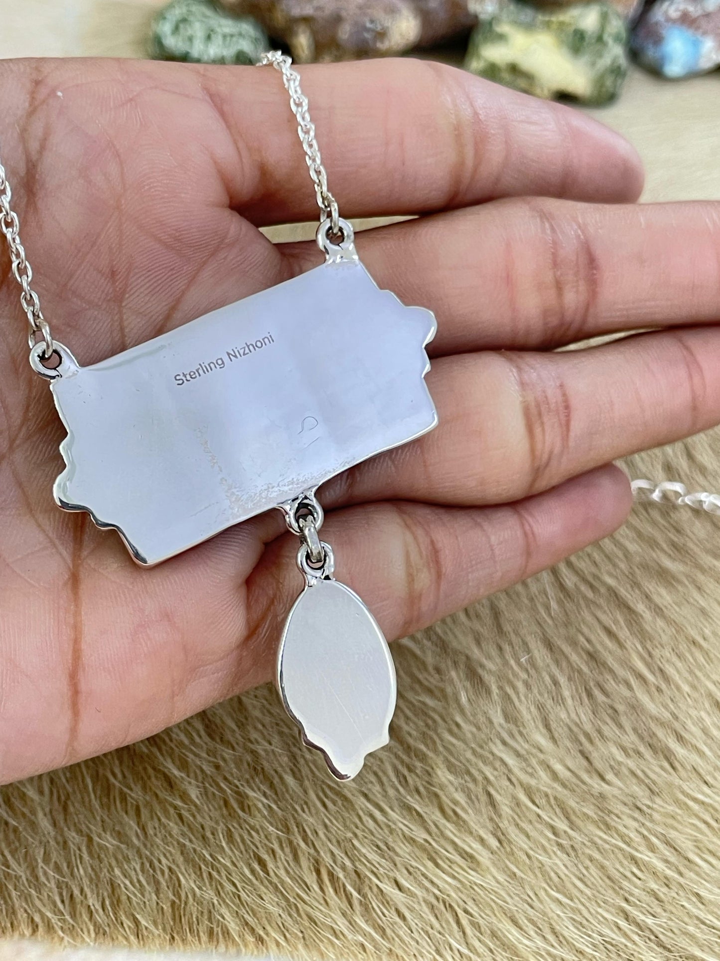 Handmade Sterling Silver White Buffalo and Turquoise Necklace, Signed Nizhoni