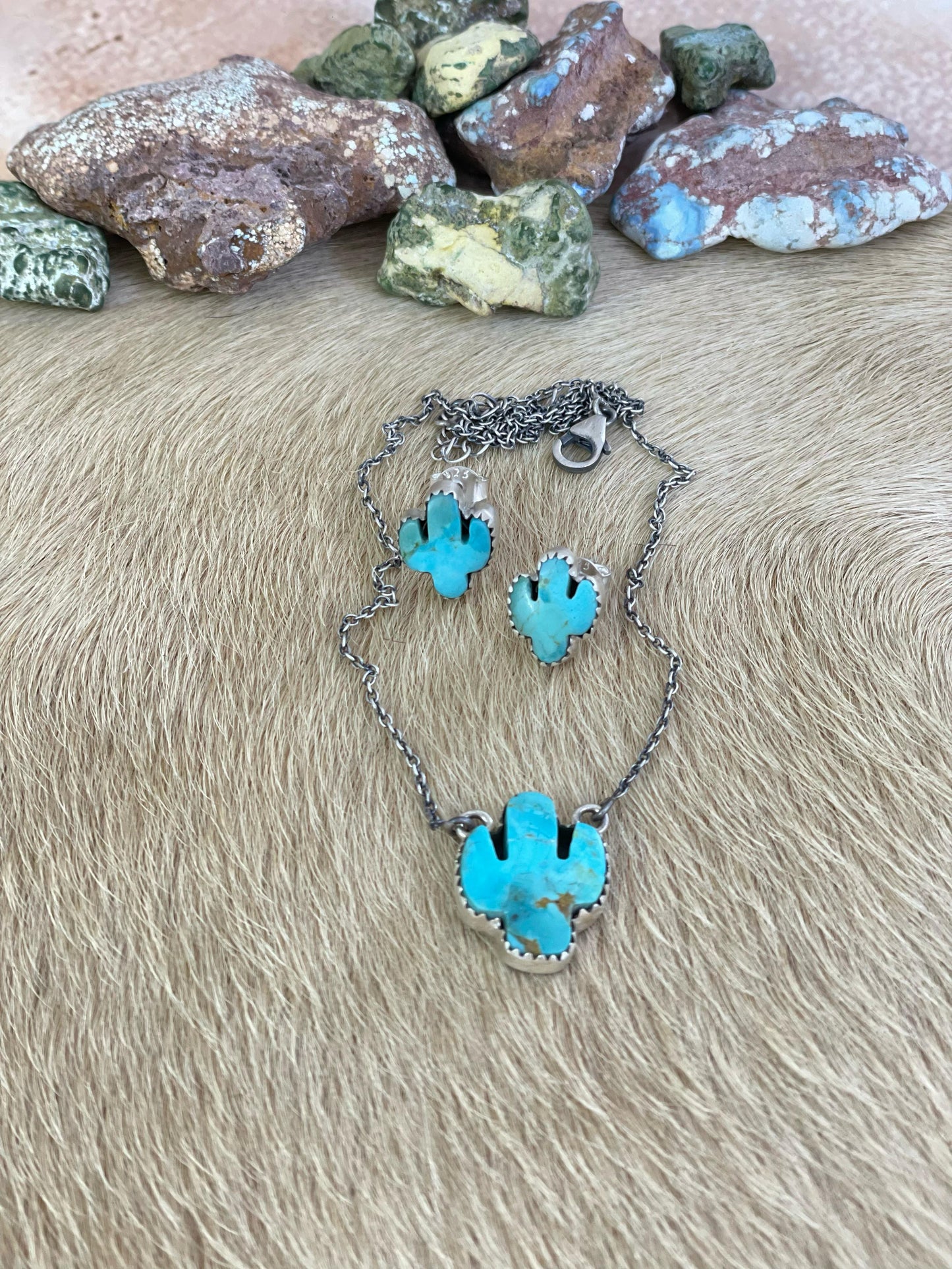 Handmade Sterling Silver Kingman Dahlia Necklace Earring Set with Signed Nizhoni
