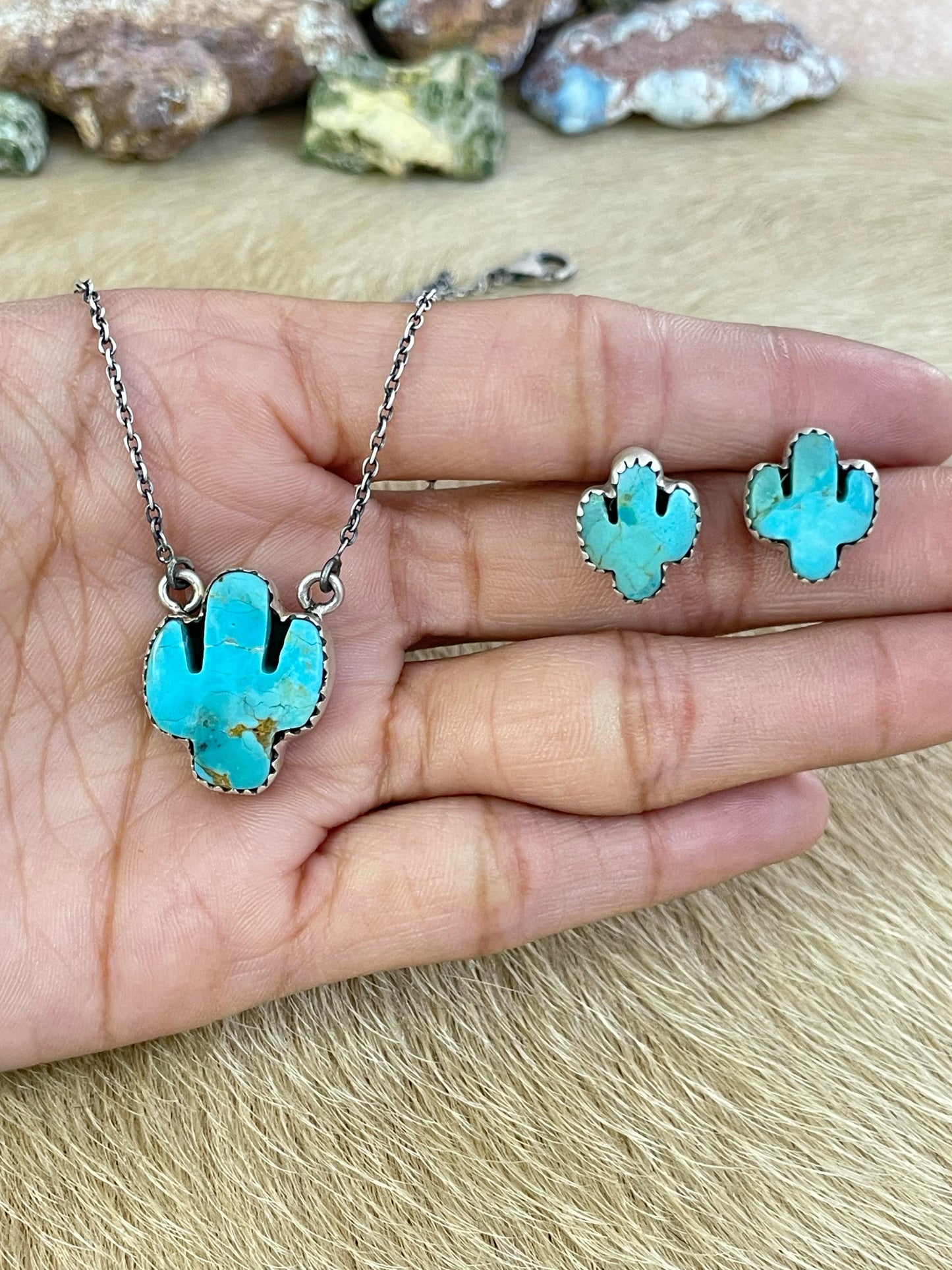 Handmade Sterling Silver Kingman Dahlia Necklace Earring Set with Signed Nizhoni