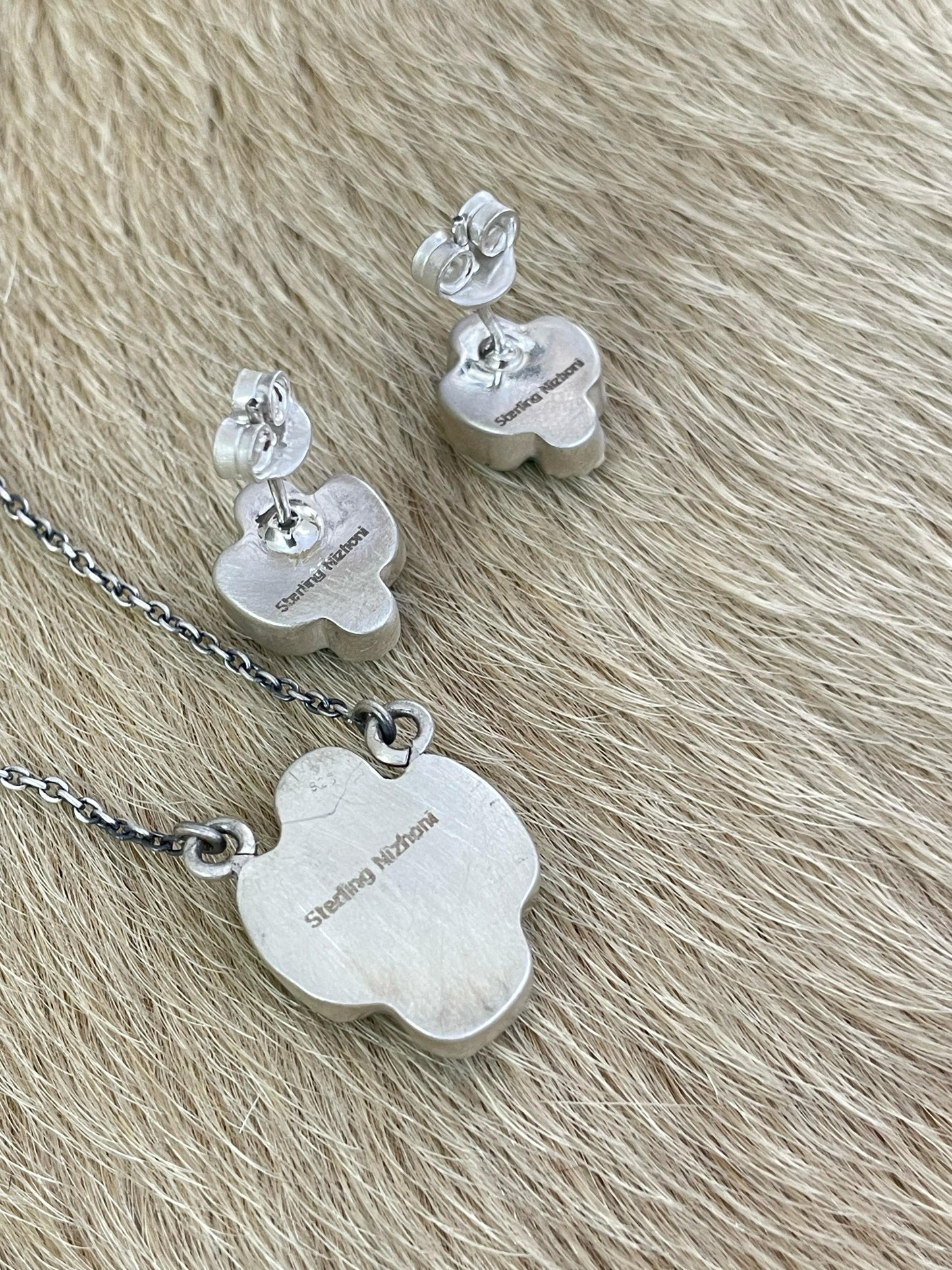 Handmade Sterling Silver Kingman Dahlia Necklace Earring Set with Signed Nizhoni