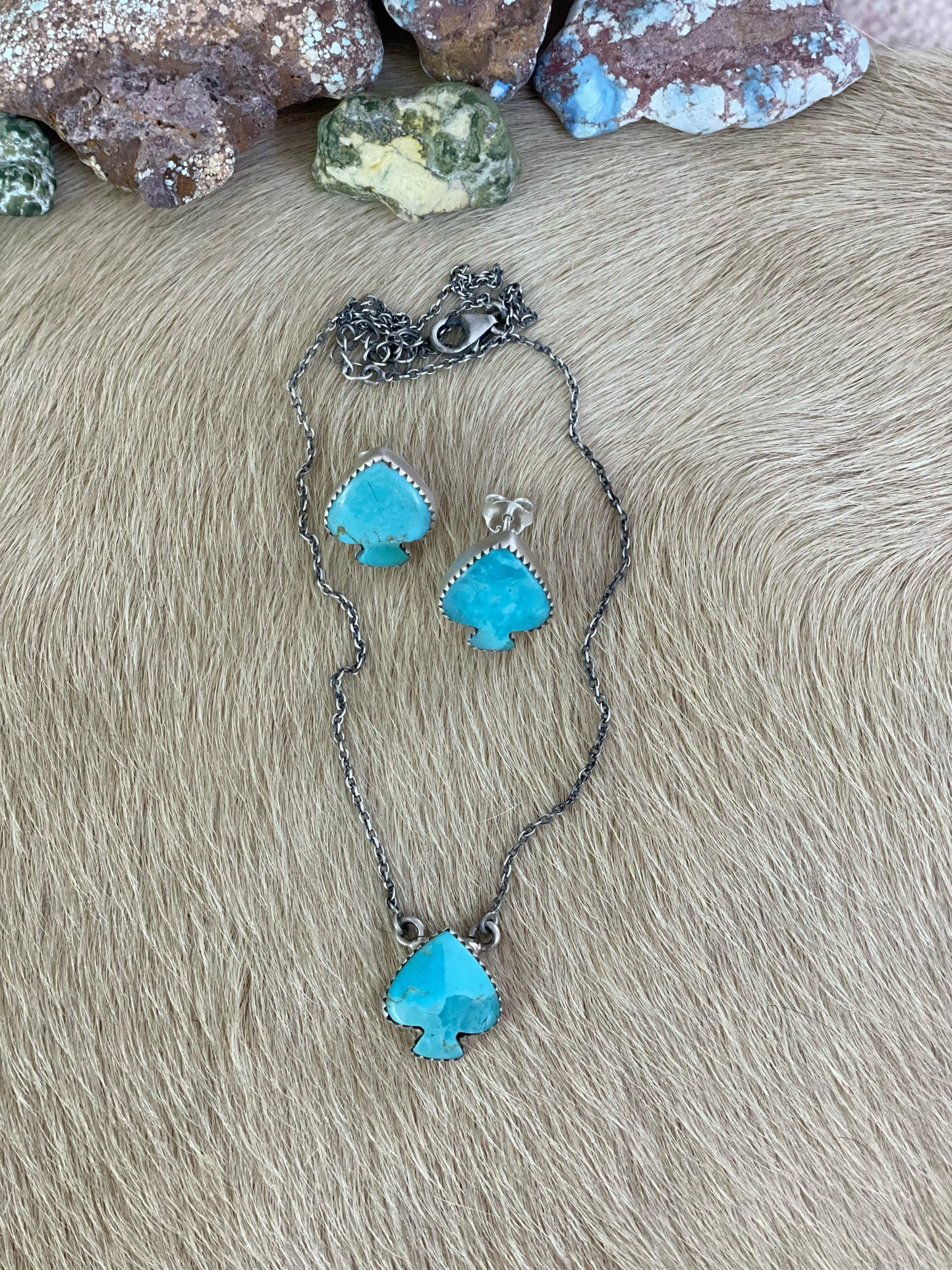 Handmade Sterling Silver Kingman Necklace Earring Set with Signed Nizhoni