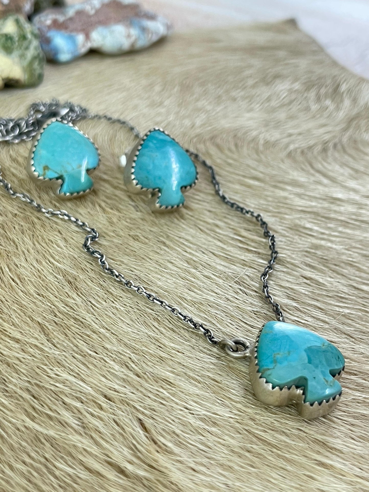 Handmade Sterling Silver Kingman Necklace Earring Set with Signed Nizhoni