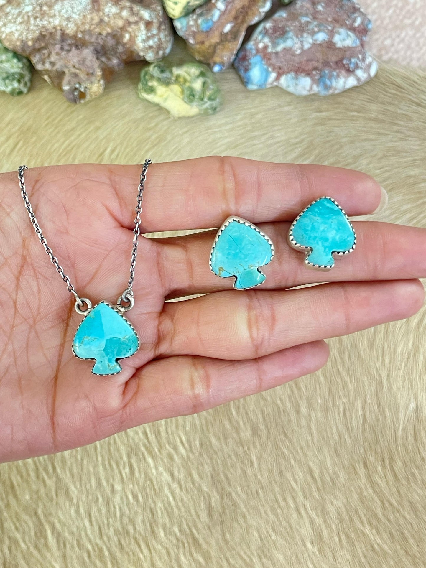 Handmade Sterling Silver Kingman Necklace Earring Set with Signed Nizhoni