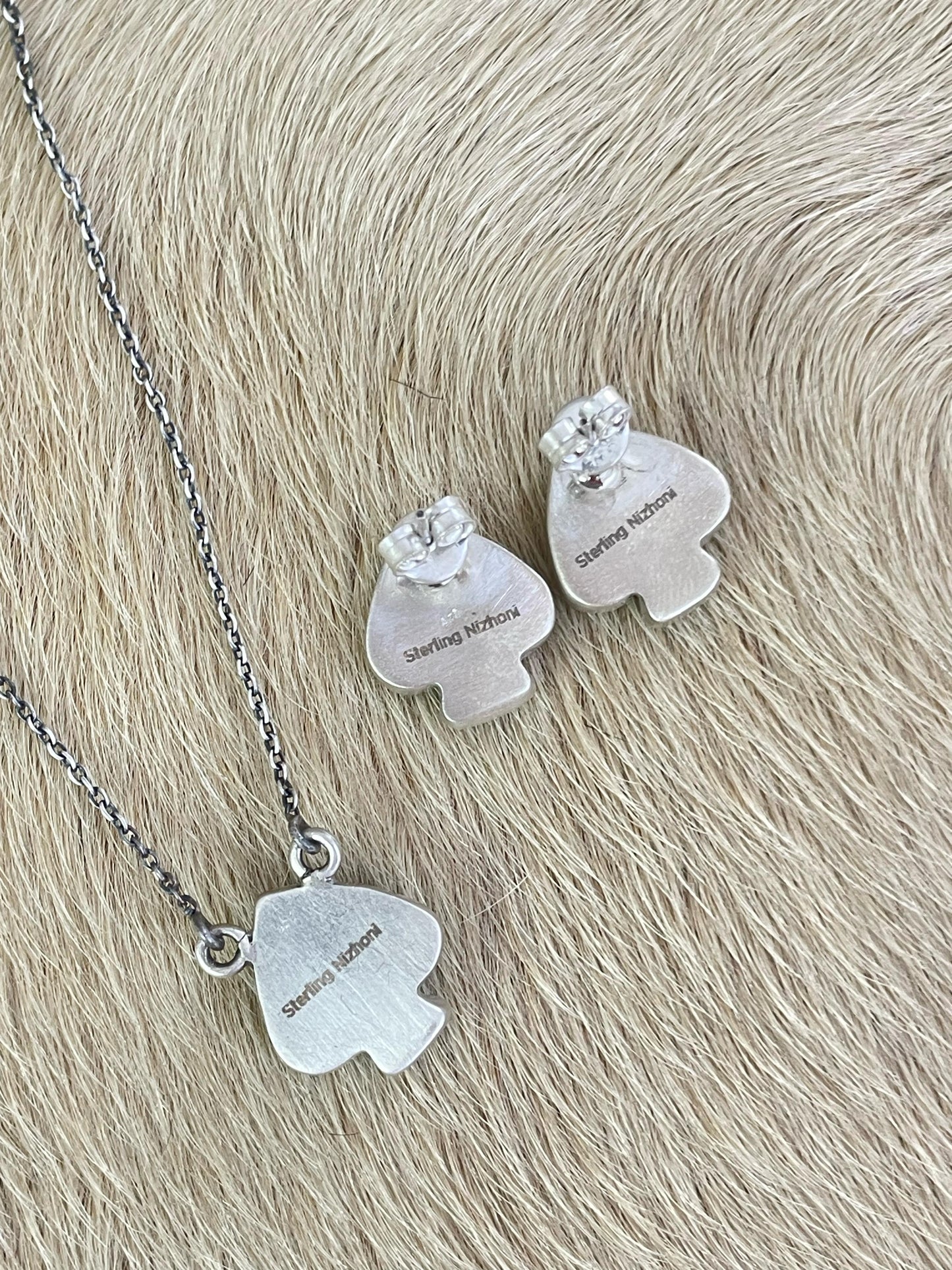 Handmade Sterling Silver Kingman Necklace Earring Set with Signed Nizhoni