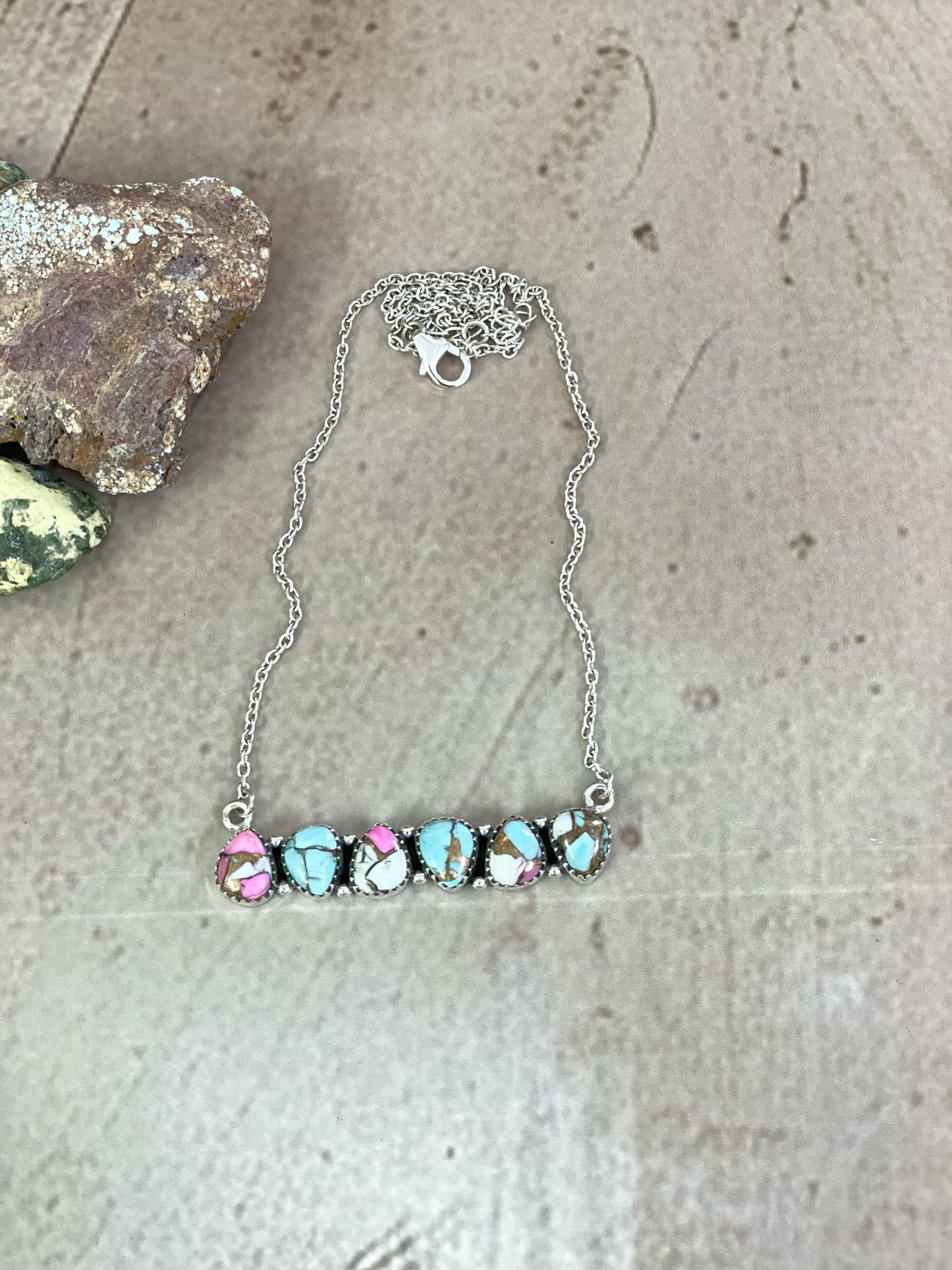 Handmade Sterling Silver Cotton Candy Turquoise Necklace, Signed Nizhoni