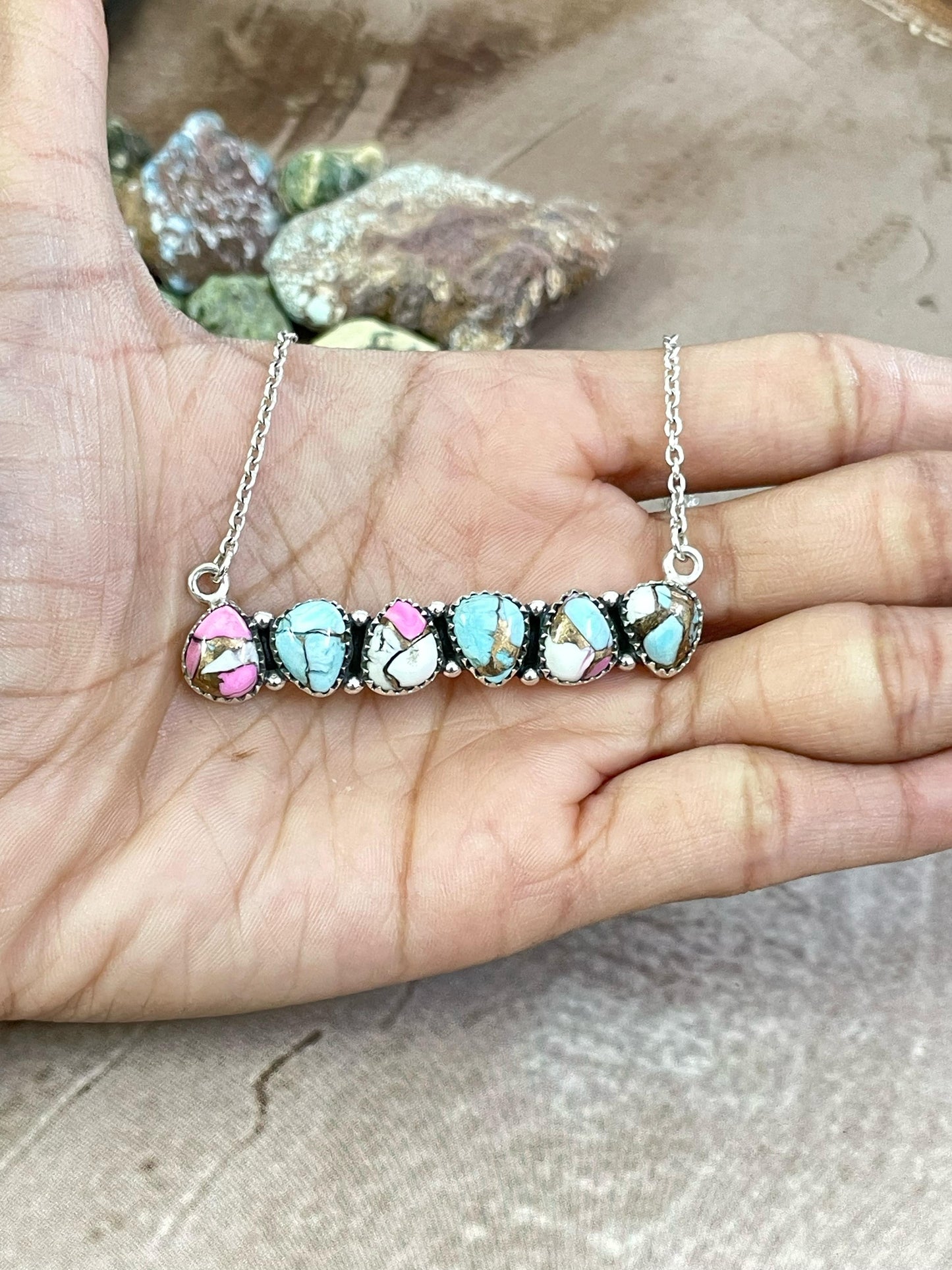 Handmade Sterling Silver Cotton Candy Turquoise Necklace, Signed Nizhoni