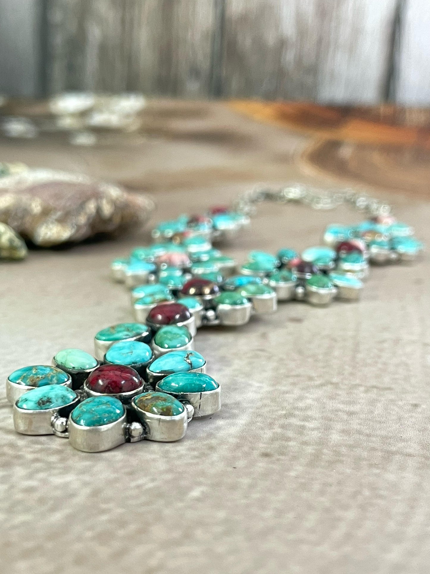 Handmade Sterling Silver Red Rose Dahlia with Emerald Valley Turquoise Necklace, Signed Nizhoni