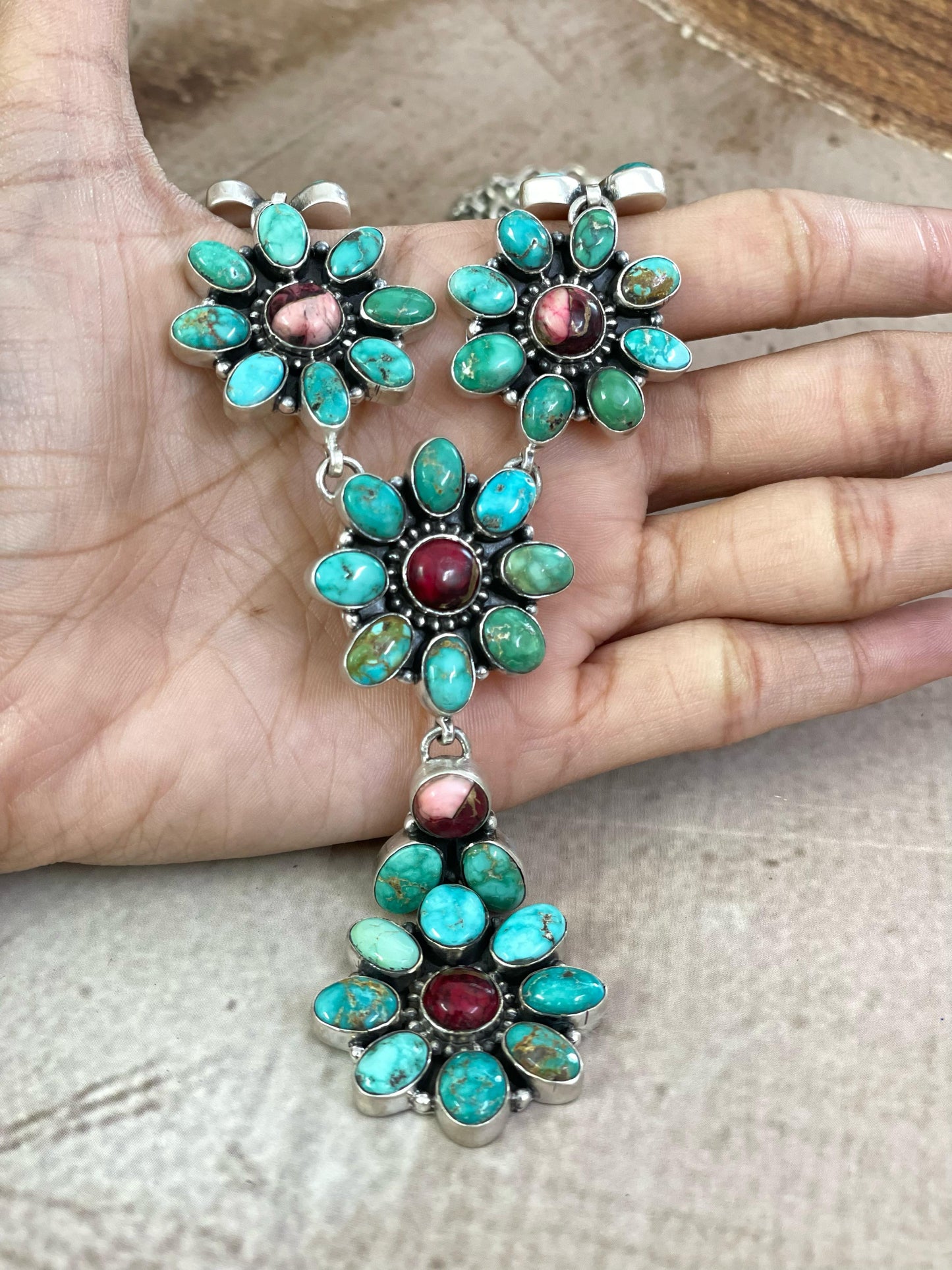 Handmade Sterling Silver Red Rose Dahlia with Emerald Valley Turquoise Necklace, Signed Nizhoni